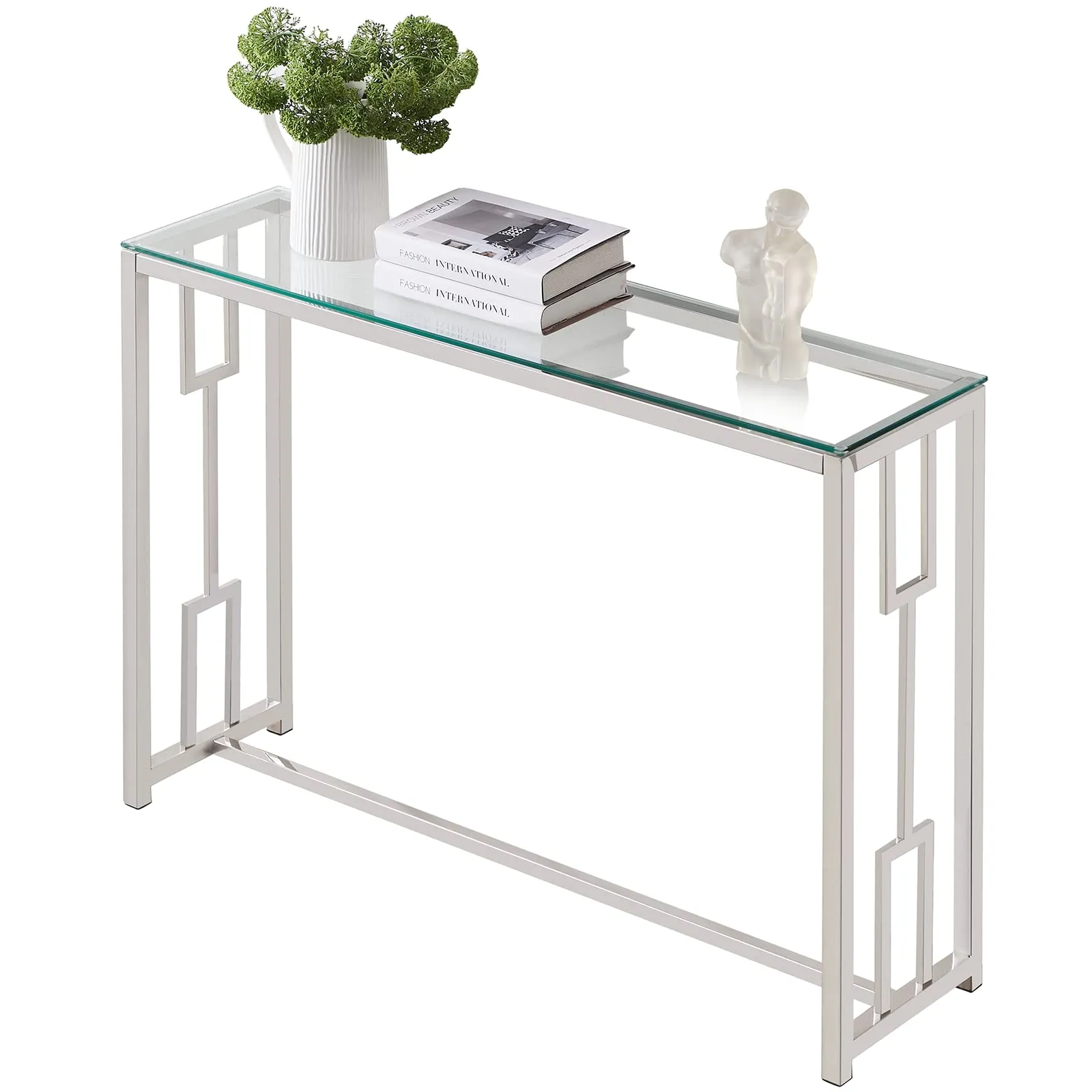 12" Clear and Silver Glass Frame Console Table