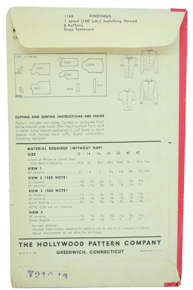 1943 Hollywood 1165 Vintage Blouses Sewing Pattern Ruth Warrick