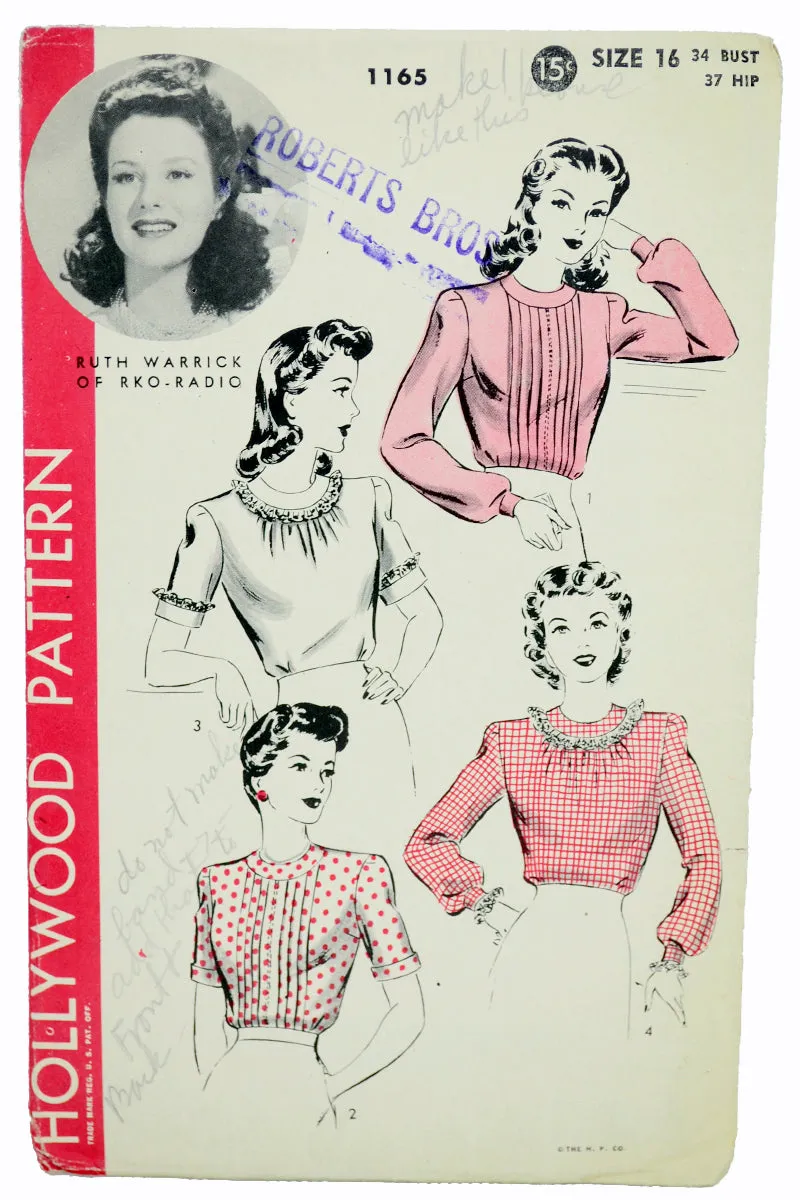 1943 Hollywood 1165 Vintage Blouses Sewing Pattern Ruth Warrick