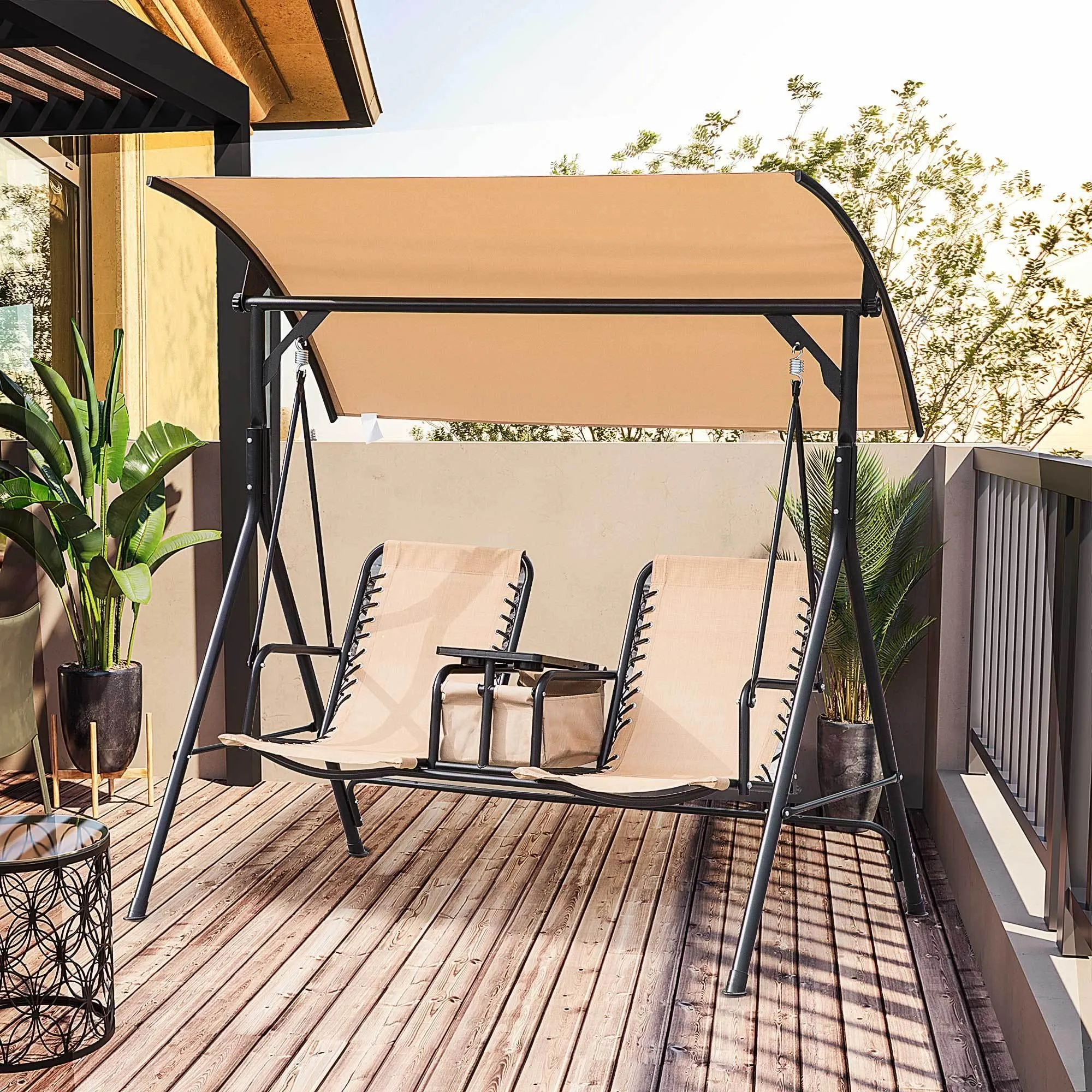 2-Seat Patio Swing Chair, Canopy Glider with Storage Table, Cup Holder, Beige