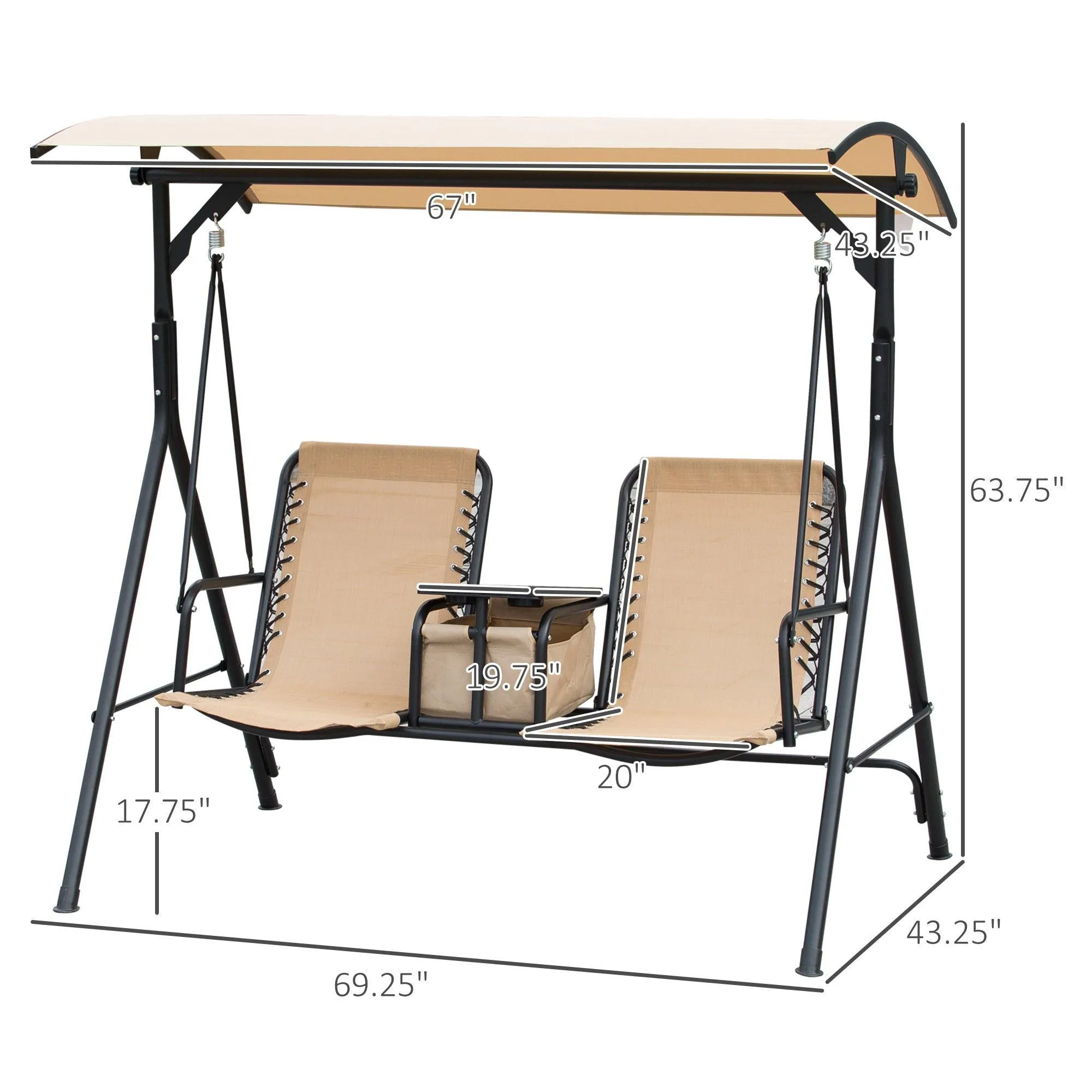 2-Seat Patio Swing Chair, Canopy Glider with Storage Table, Cup Holder, Beige