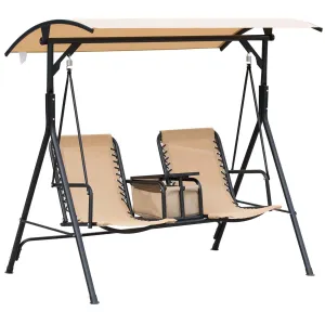 2-Seat Patio Swing Chair, Canopy Glider with Storage Table, Cup Holder, Beige