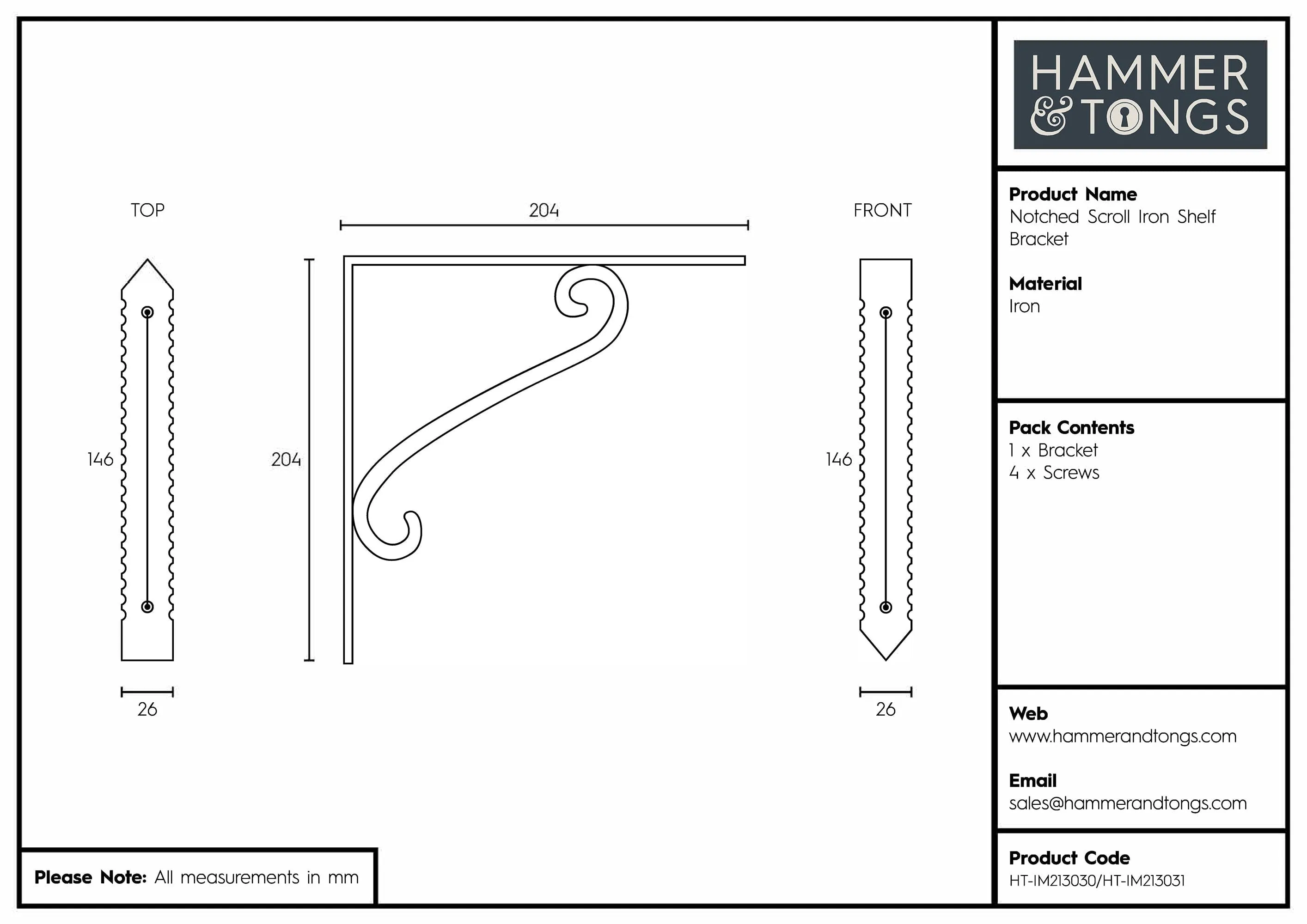 205mm Notched Scroll Iron Shelf Bracket - By Hammer & Tongs