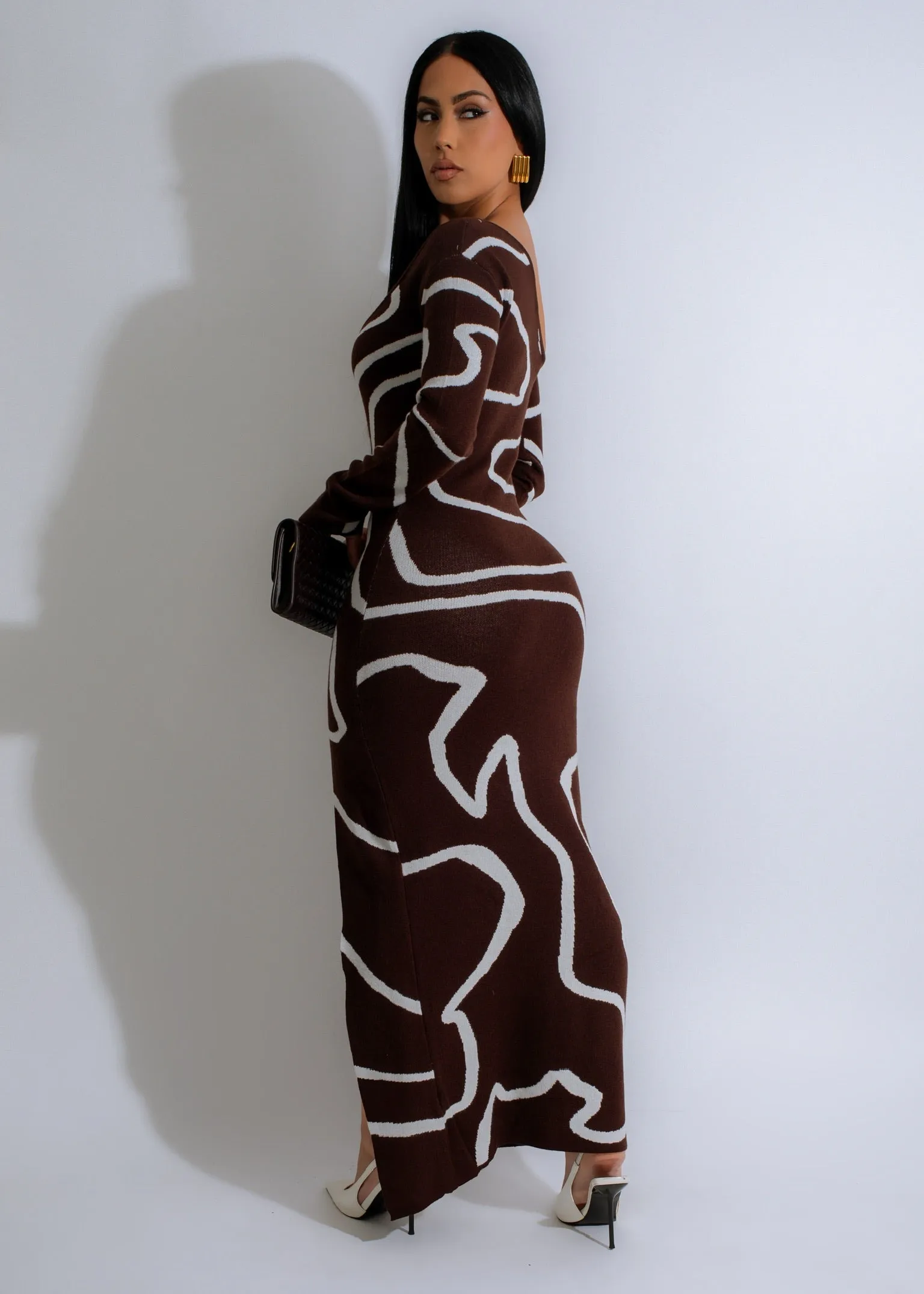 Abstract Flow Knit Maxi Dress Brown