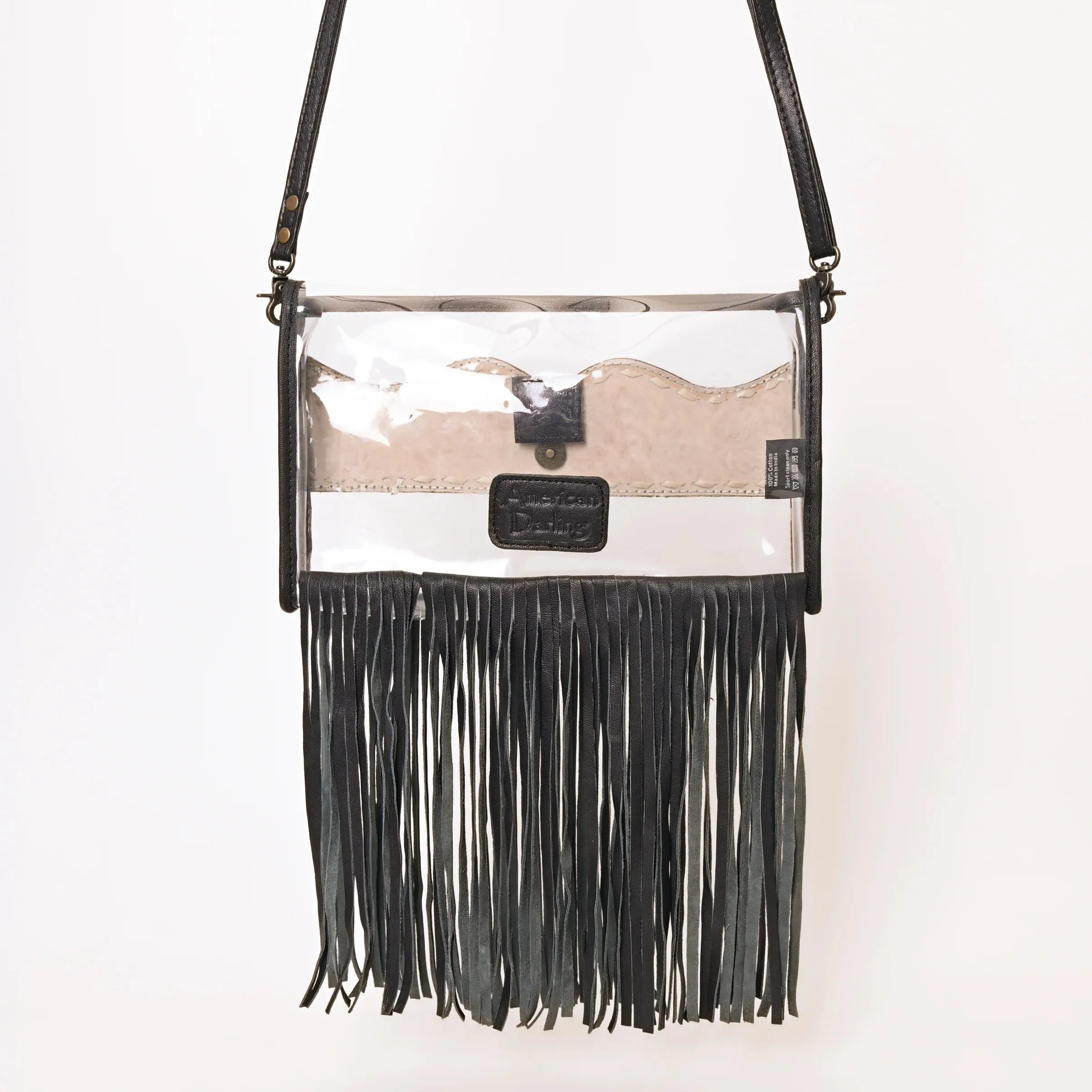 American Darling Fringe & Floral Hand Tooled Leather Clear Crossbody Bag