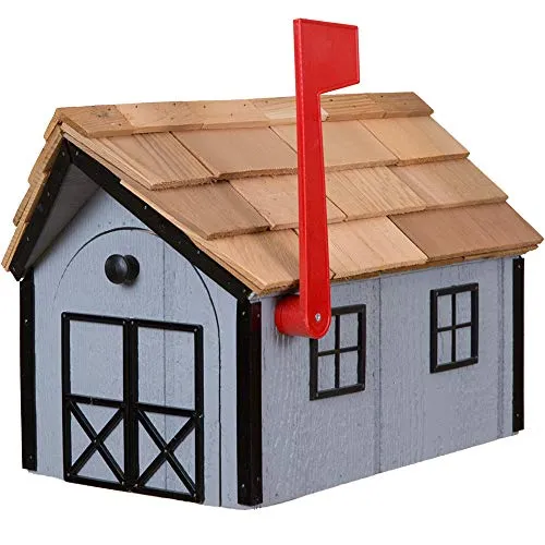 Amish Cedar Roof Wooden Mailbox with Window & Door Trim (Light Gray with Black Trim)