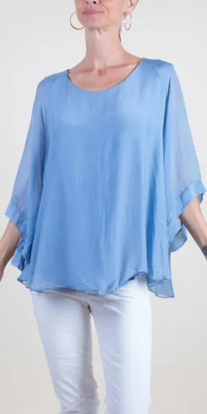 Blue Round Neck Silk Top w/ Bell Sleeves