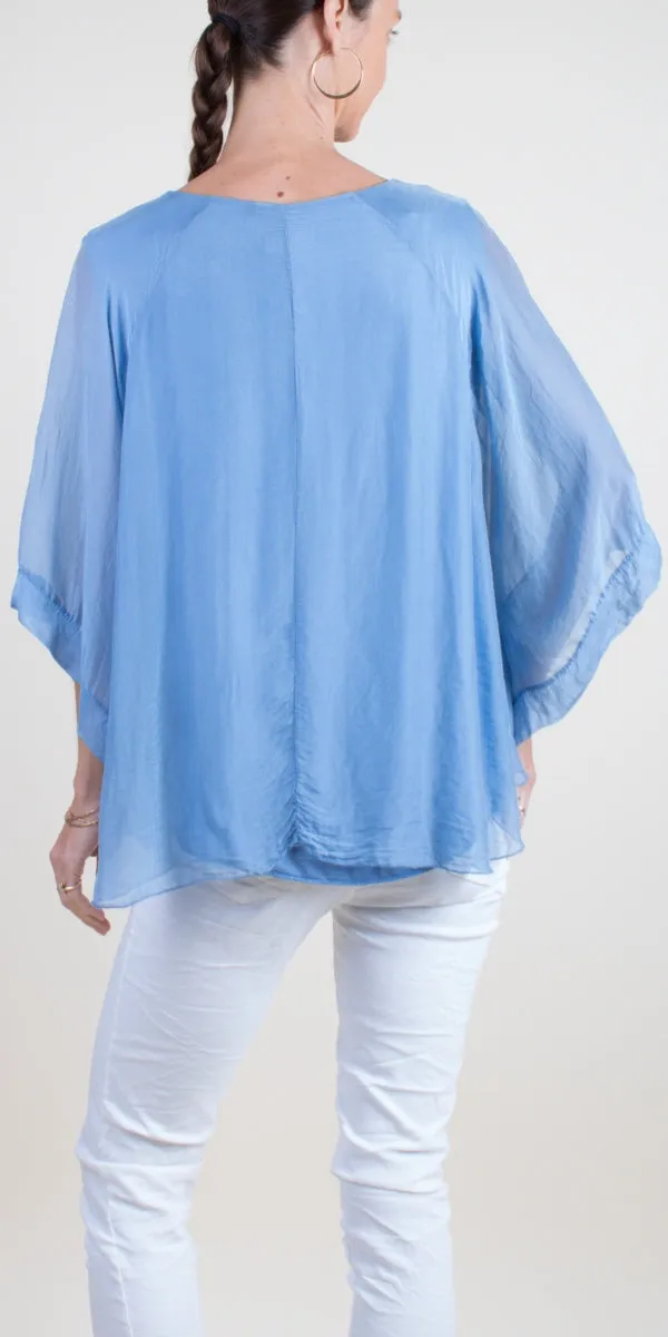 Blue Round Neck Silk Top w/ Bell Sleeves