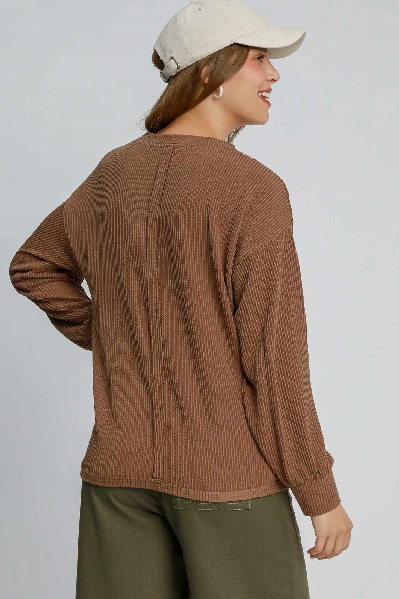 Brown Textured Knit Long Sleeve Top