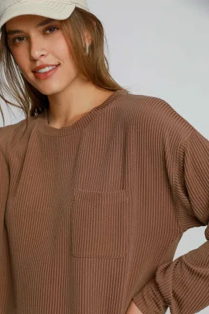 Brown Textured Knit Long Sleeve Top