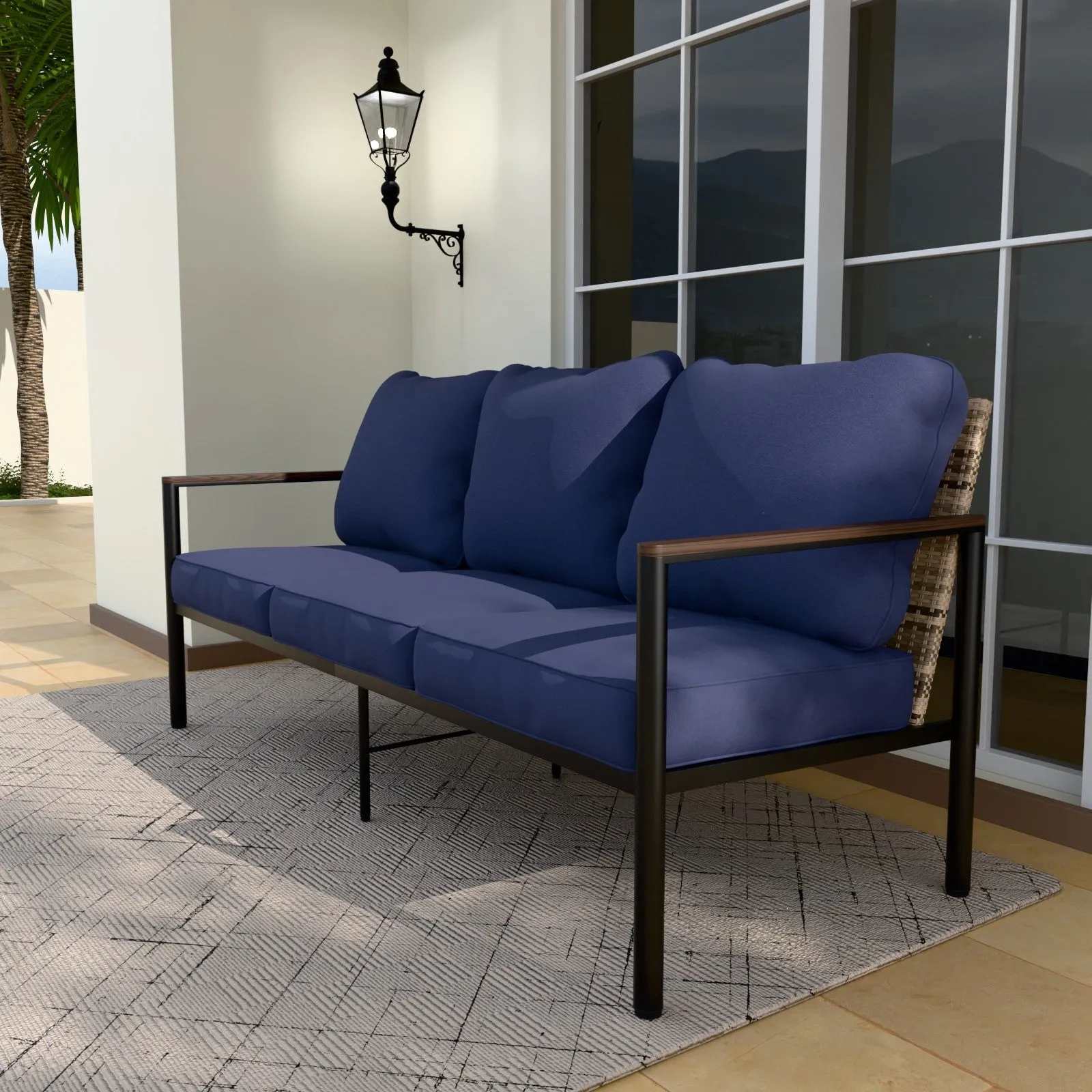 COOS BAY 3 Seat Rattan Patio Sofa Chair, Beige/Blue