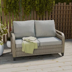 COOS BAY Wicker Outdoor Furniture Loveseat Sofa, Small Balcony Furniture Outdoor Loveseat 2 Seat Couch w/Cushions for Patio Backyard Deck Porch, Brown/Gray