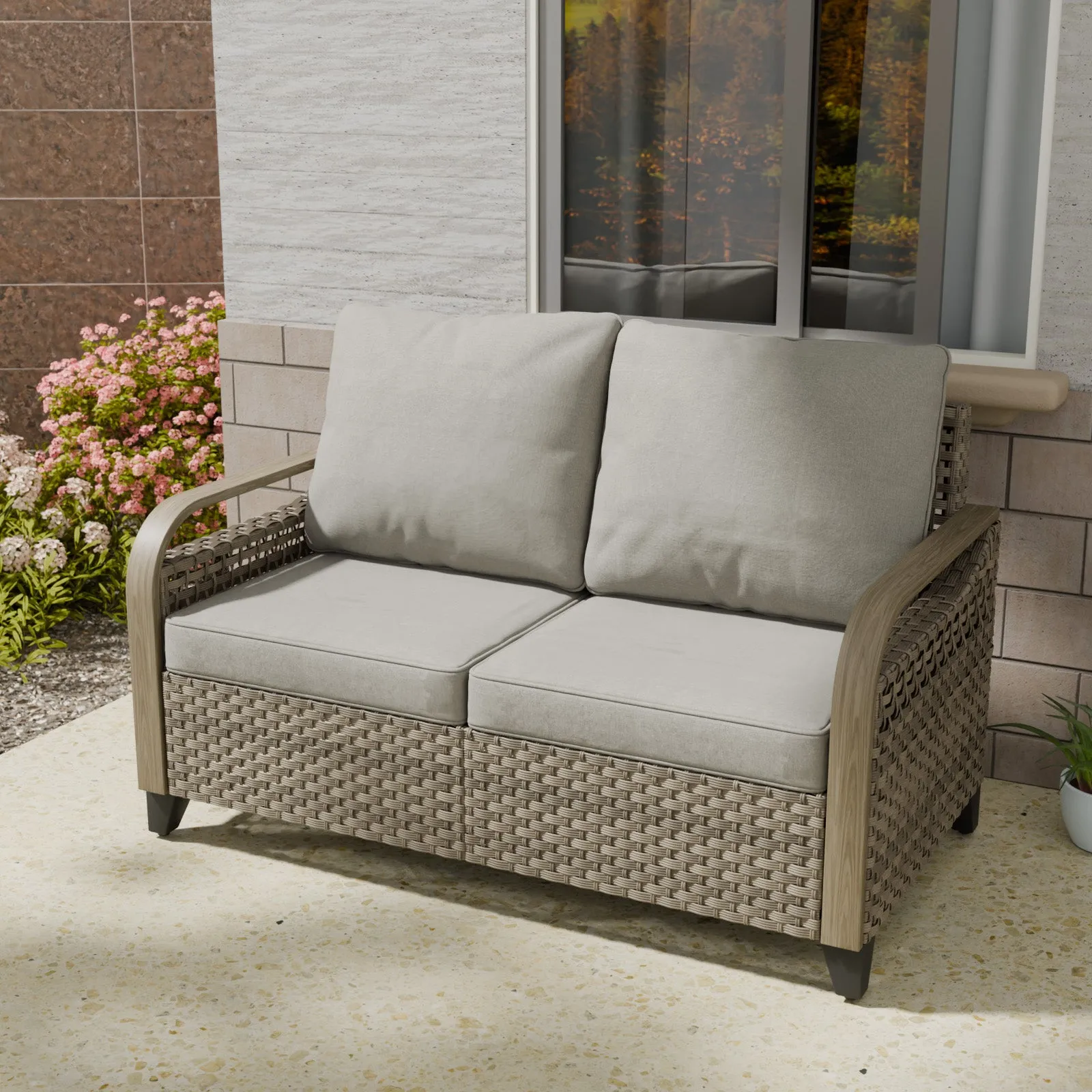 COOS BAY Wicker Outdoor Furniture Loveseat Sofa, Small Balcony Furniture Outdoor Loveseat 2 Seat Couch w/Cushions for Patio Backyard Deck Porch, Brown/Gray