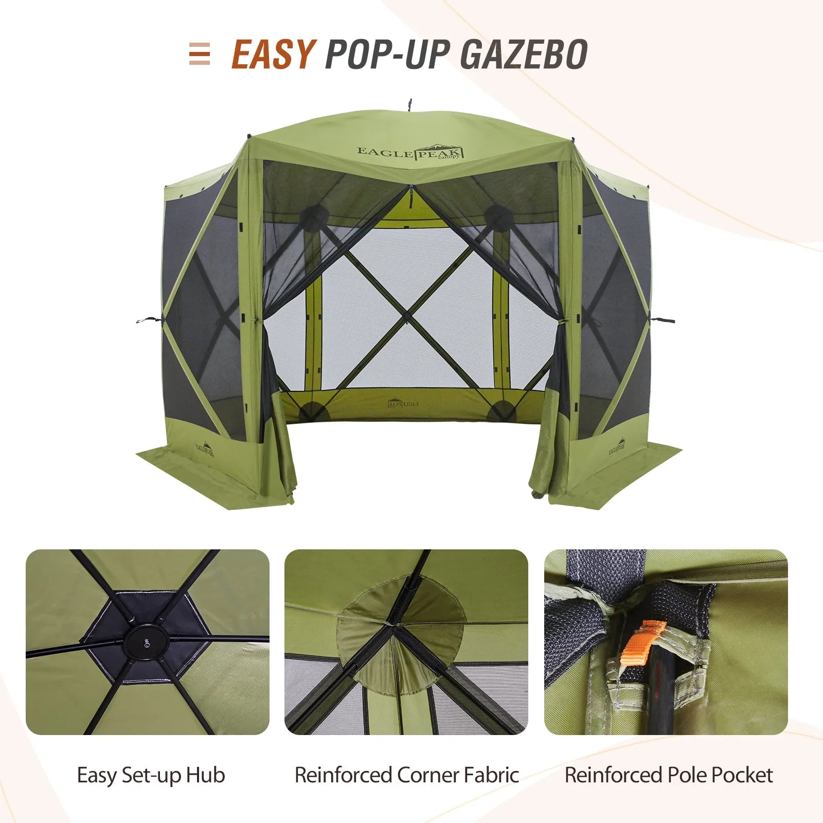 EAGLE PEAK 12 x 12 ft Portable Quick Pop Up 6 Sided Instant Gazebo Canopy, Outdoor Camping Screen Tent with Mesh Netting 8 Person, Green / Beige