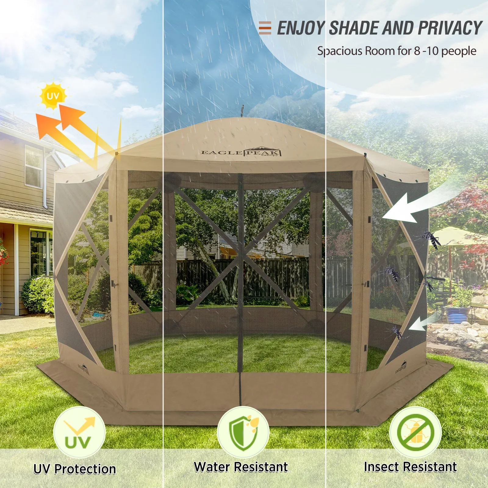 EAGLE PEAK 12 x 12 ft Portable Quick Pop Up 6 Sided Instant Gazebo Canopy, Outdoor Camping Screen Tent with Mesh Netting 8 Person, Green / Beige