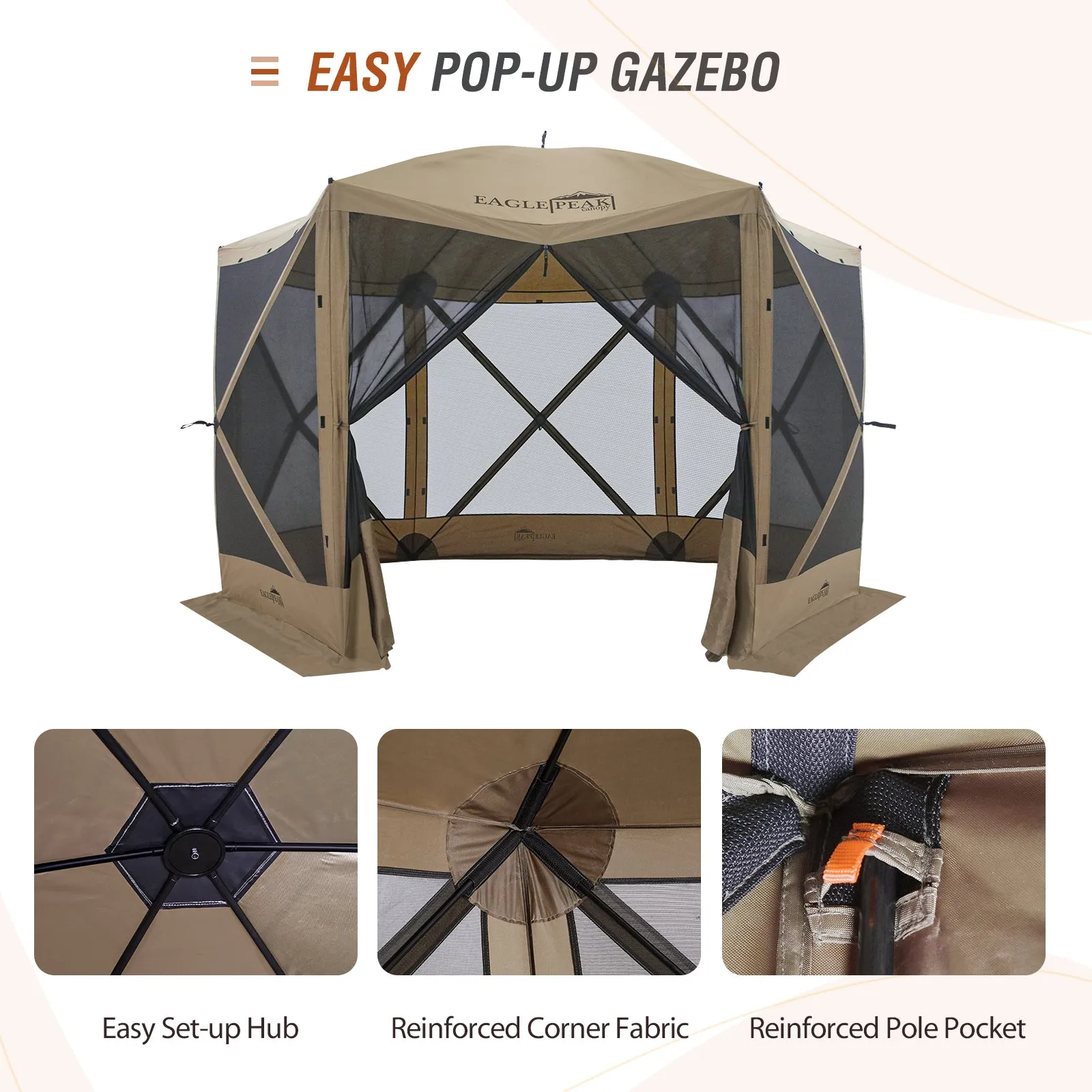 EAGLE PEAK 12 x 12 ft Portable Quick Pop Up 6 Sided Instant Gazebo Canopy, Outdoor Camping Screen Tent with Mesh Netting 8 Person, Green / Beige