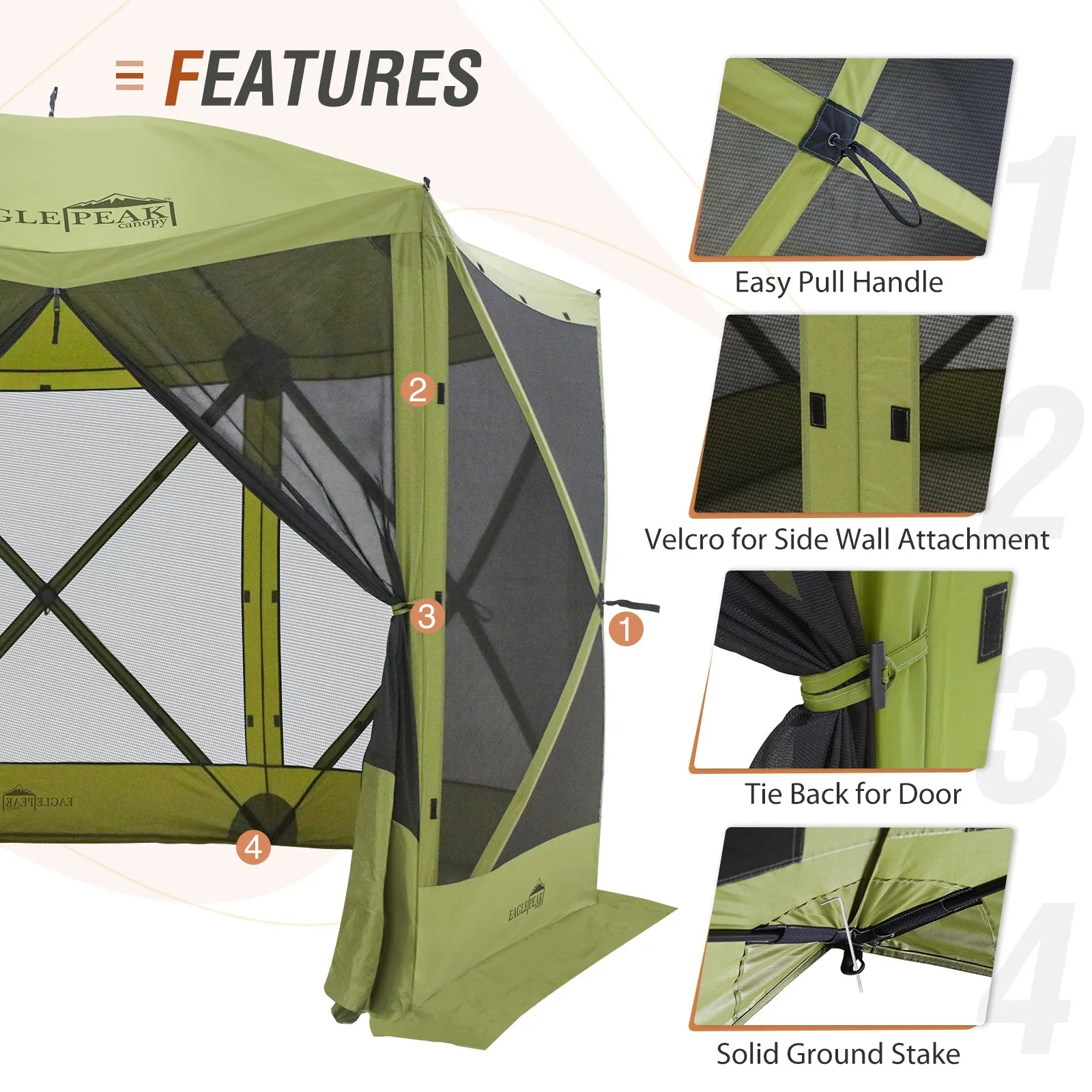 EAGLE PEAK 12 x 12 ft Portable Quick Pop Up 6 Sided Instant Gazebo Canopy, Outdoor Camping Screen Tent with Mesh Netting 8 Person, Green / Beige