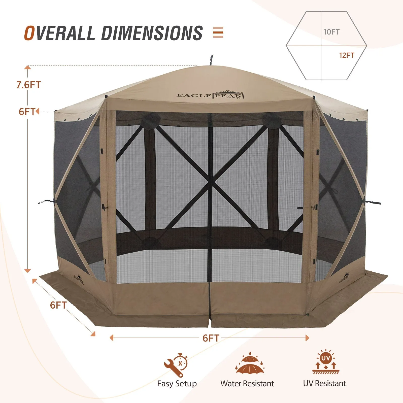 EAGLE PEAK 12 x 12 ft Portable Quick Pop Up 6 Sided Instant Gazebo Canopy, Outdoor Camping Screen Tent with Mesh Netting 8 Person, Green / Beige