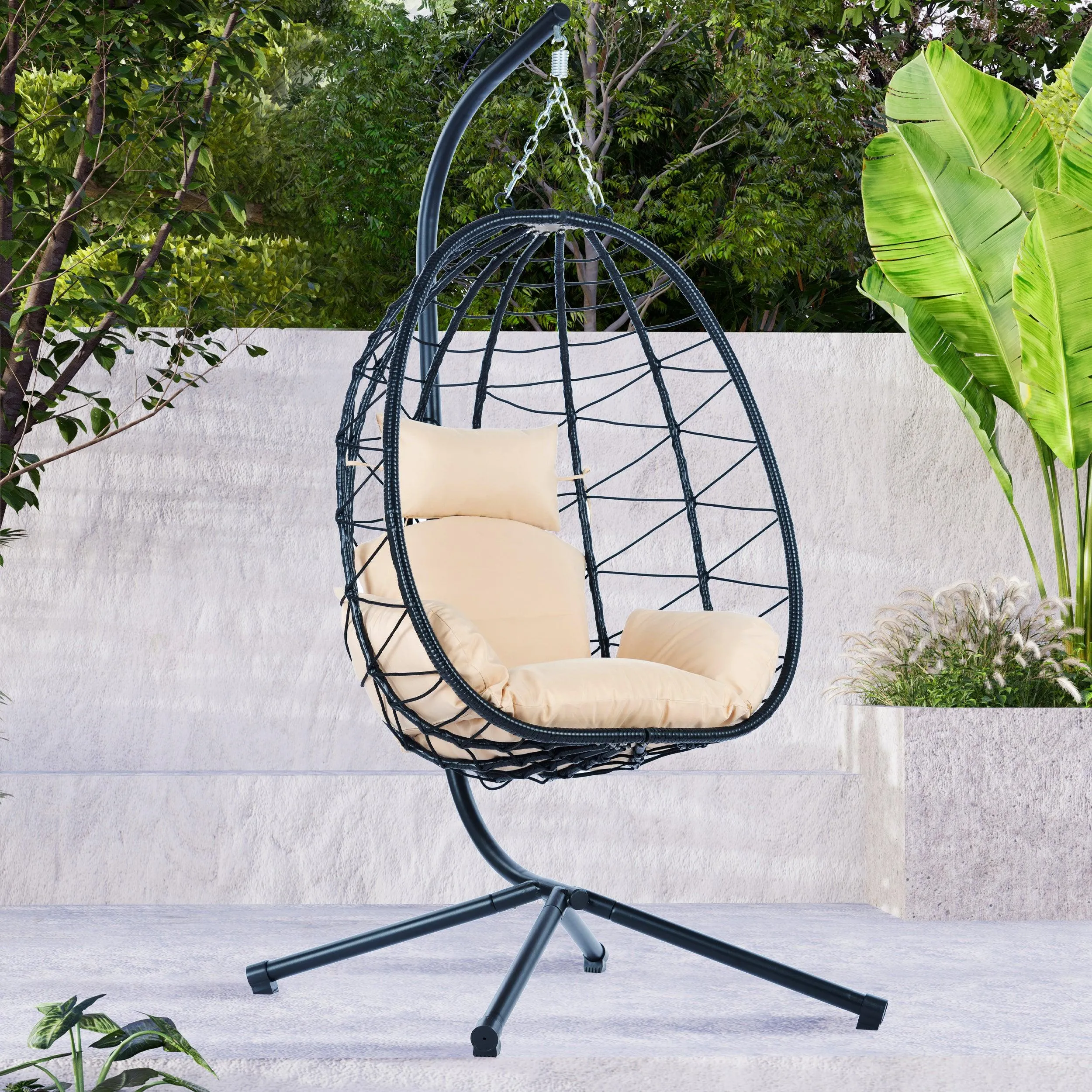 Egg Chair with Stand, Wicker Hanging Basket Hammock for Indoor/Outdoor Use