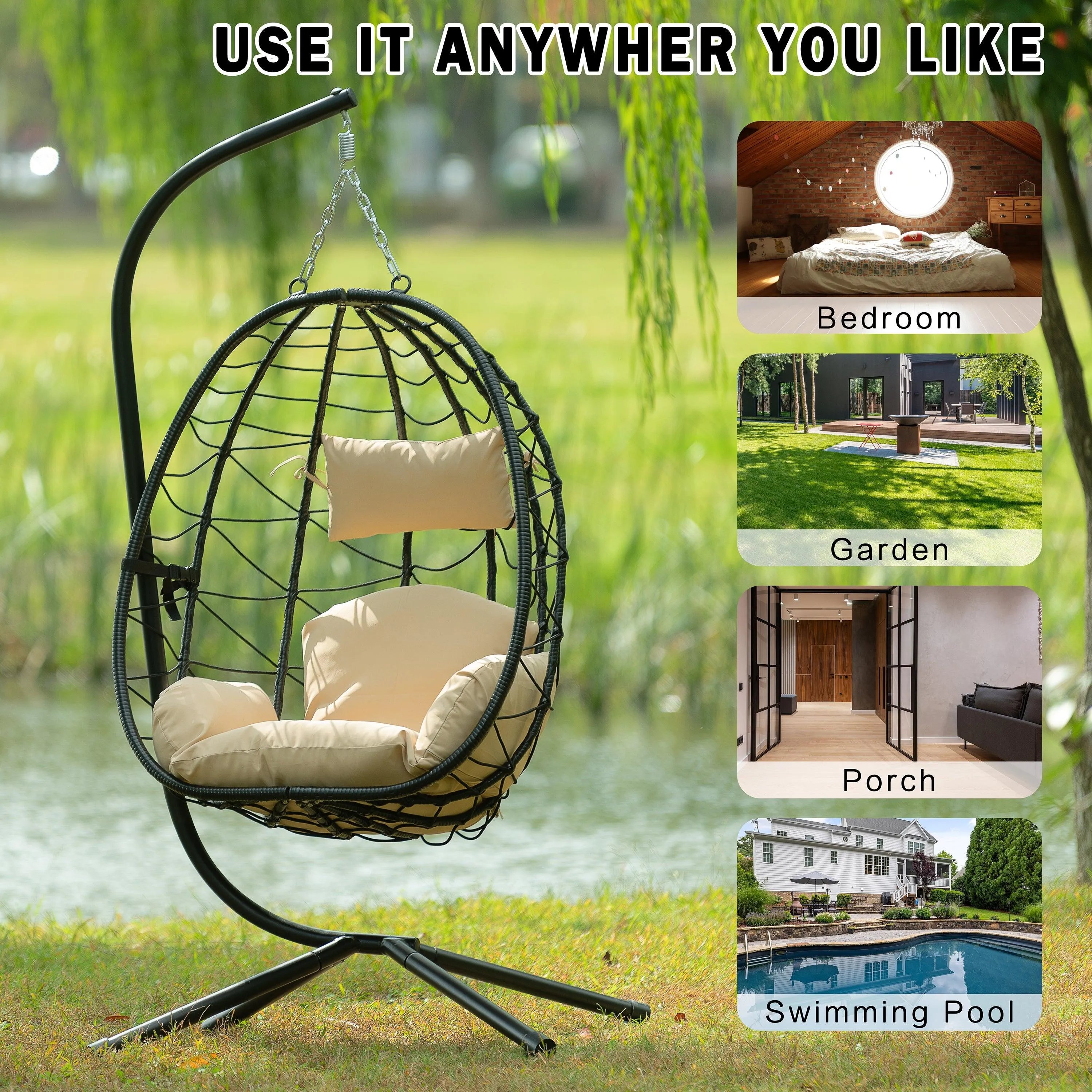 Egg Chair with Stand, Wicker Hanging Basket Hammock for Indoor/Outdoor Use