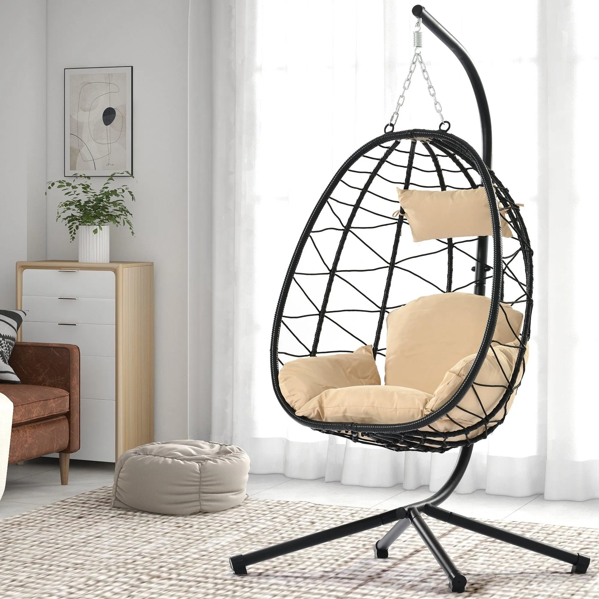 Egg Chair with Stand, Wicker Hanging Basket Hammock for Indoor/Outdoor Use