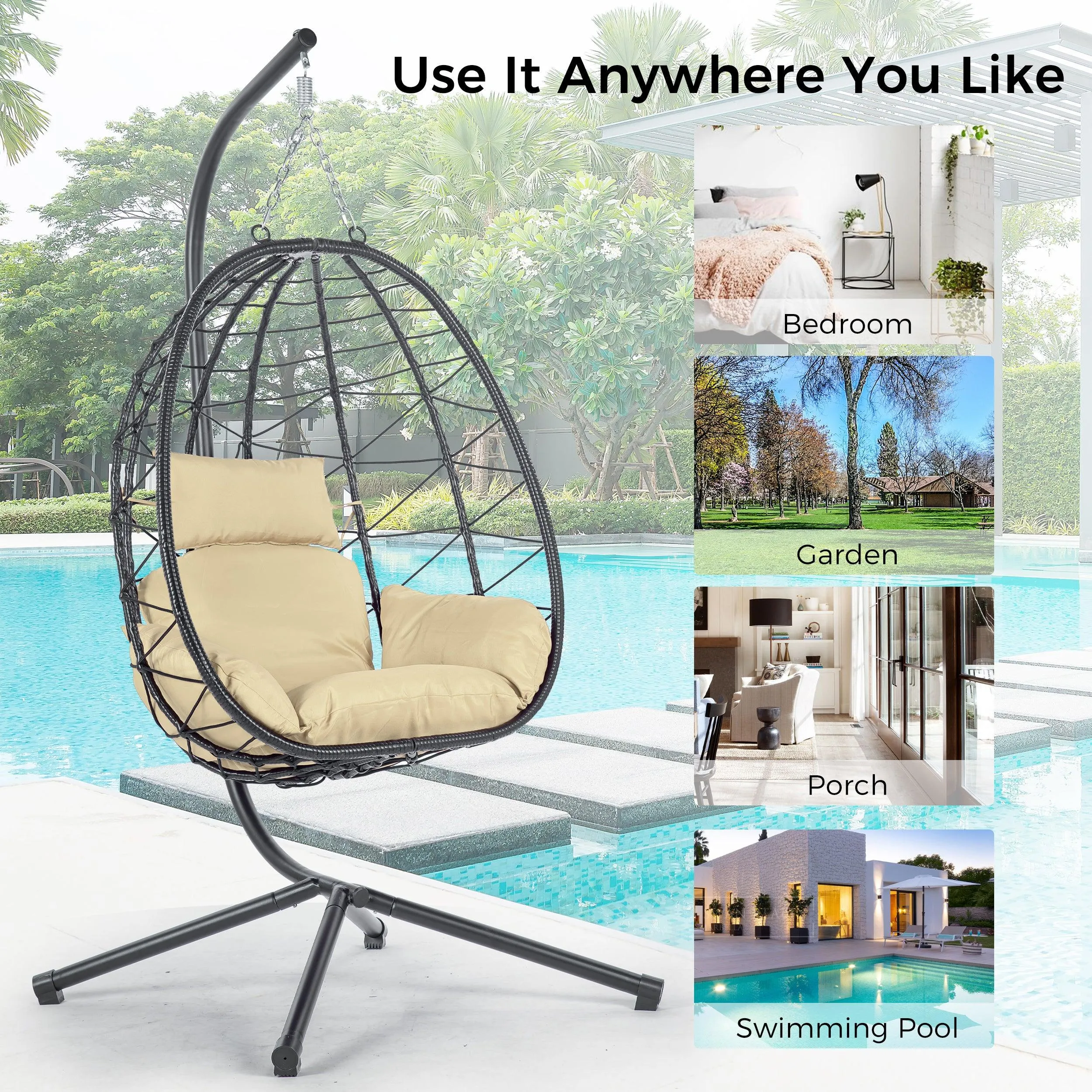 Egg Chair with Stand, Wicker Hanging Basket Hammock for Indoor/Outdoor Use