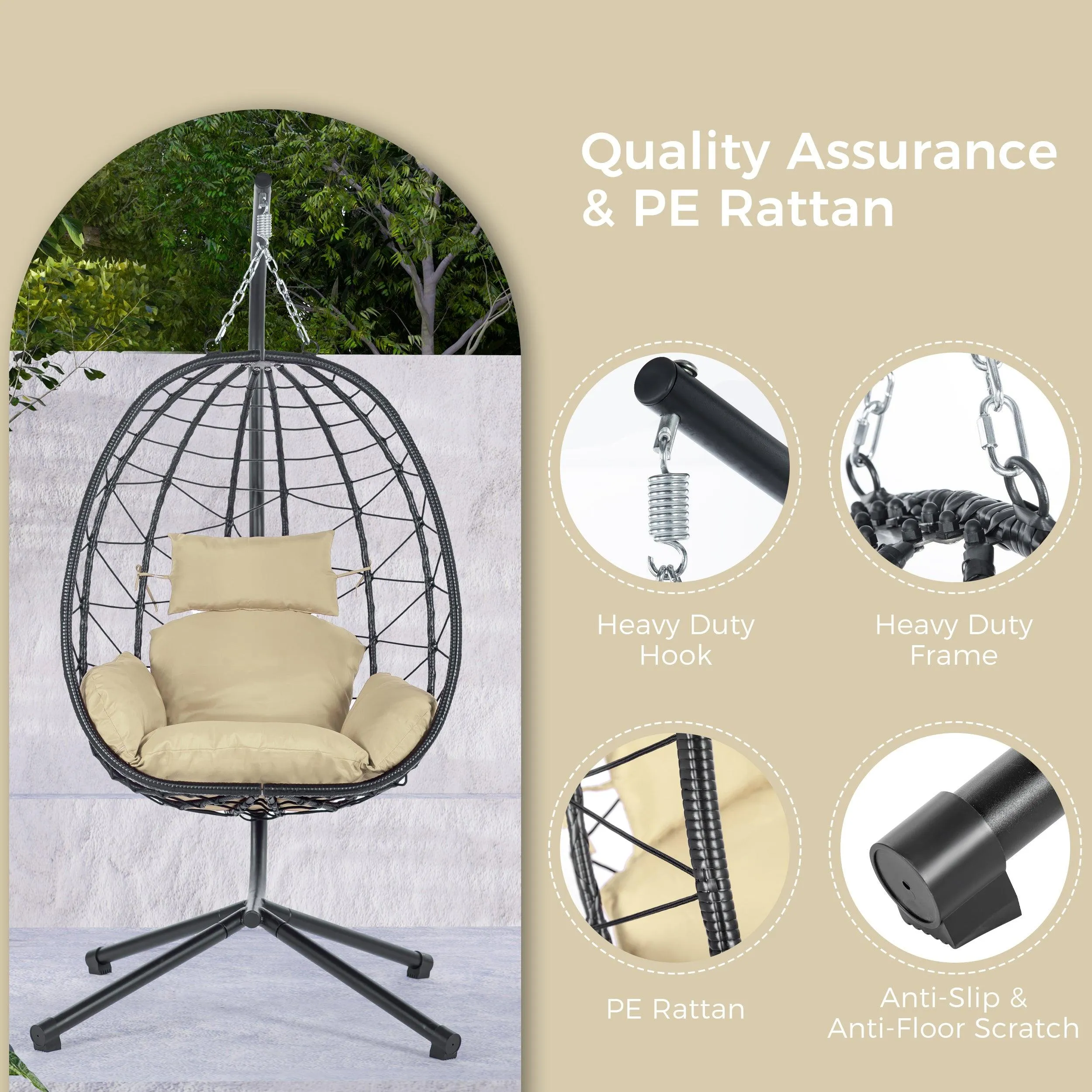 Egg Chair with Stand, Wicker Hanging Basket Hammock for Indoor/Outdoor Use