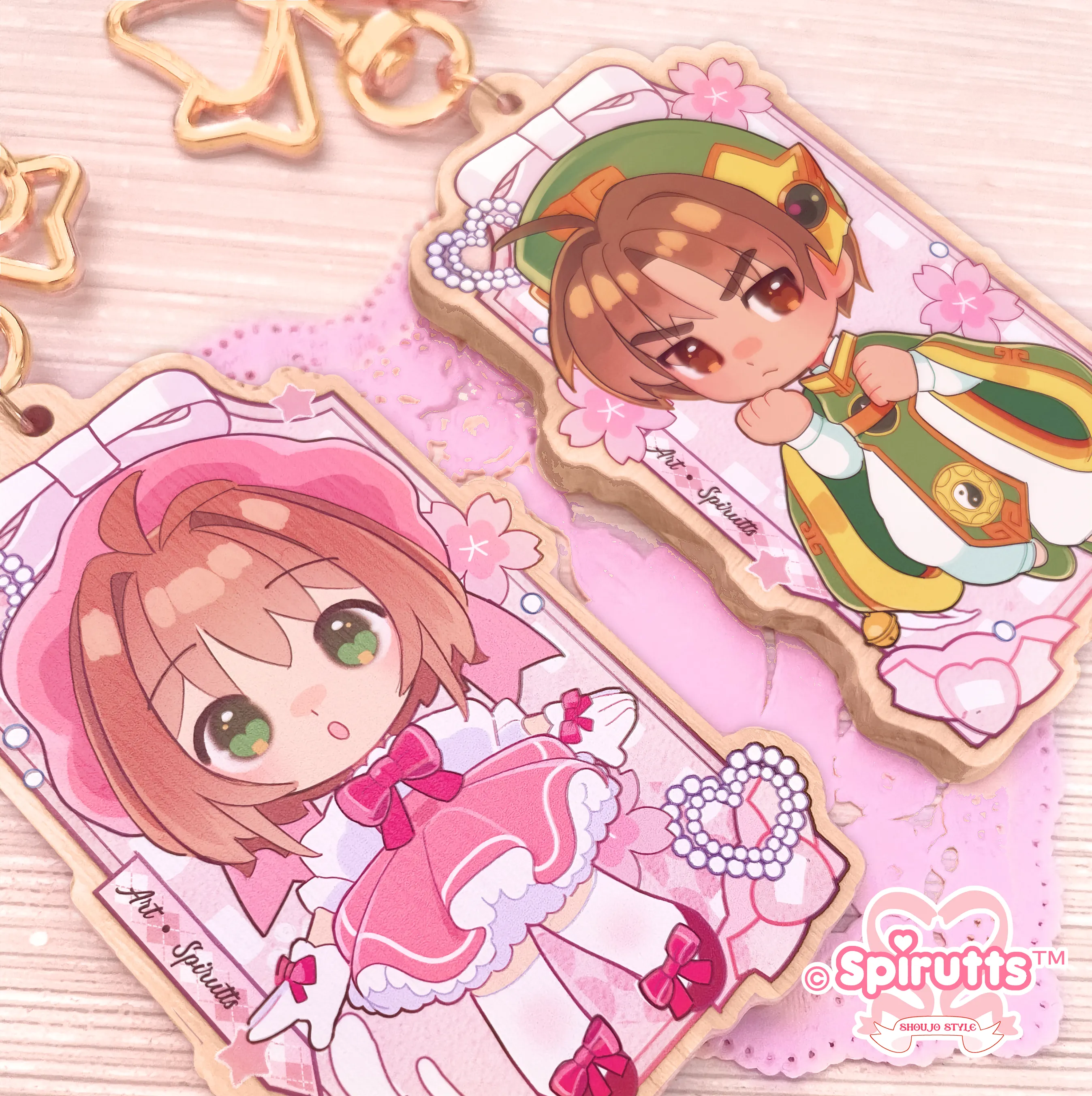 KEYCHAIN(S) - Captor Sakura/Magical Girl/Anime/Pink/Retro - Double-sided wooden charm/Matching Pair/Gold clip attachments