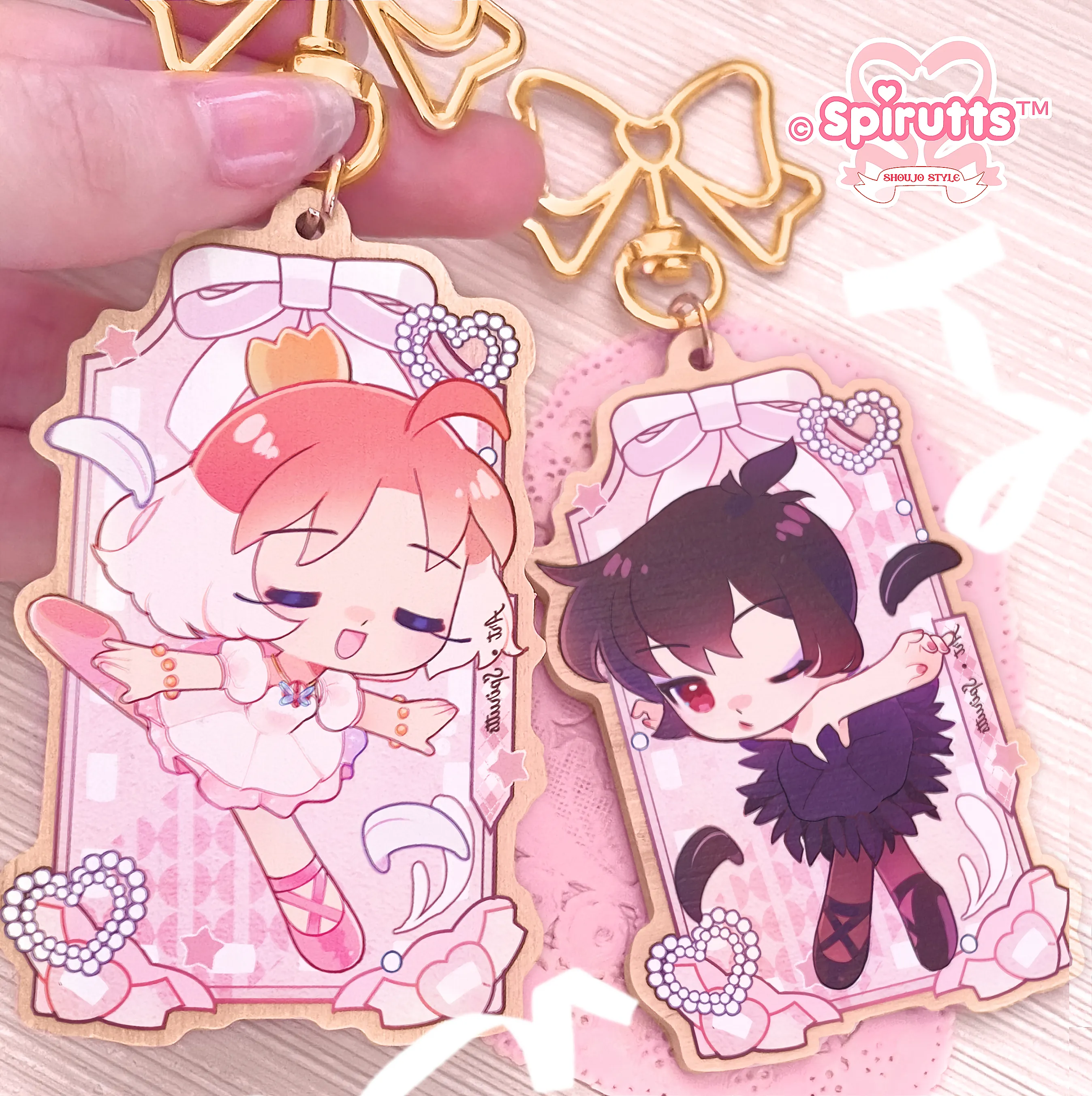 KEYCHAIN(S) - Princess Tutu / Anime / Swan Lake / Retro ballet magical girl - Double-sided wooden charm/Matching Pair/Gold clip attachments