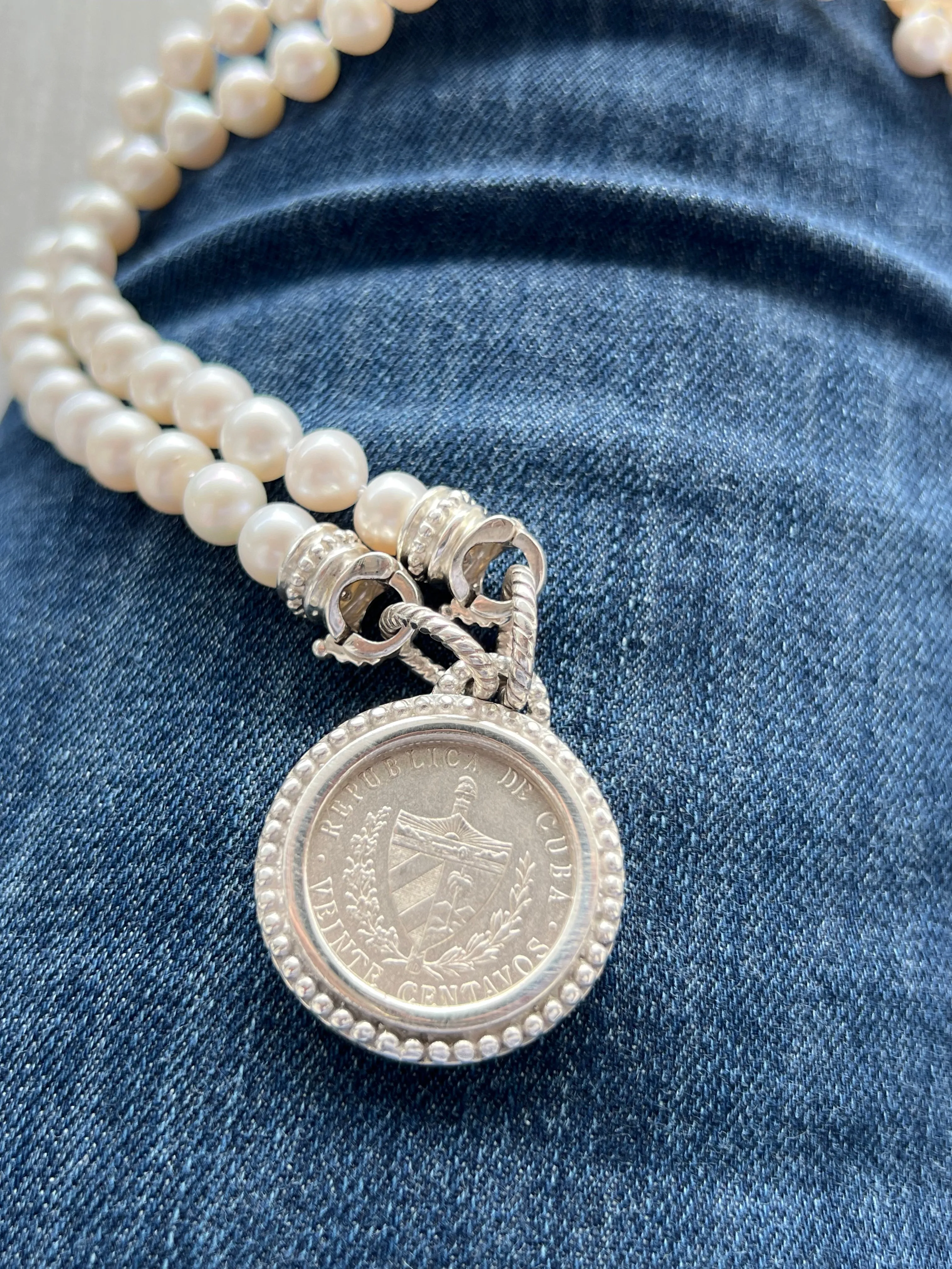 Medium Size Crest on Beaded Bezel Necklace on Freshwater Pearls