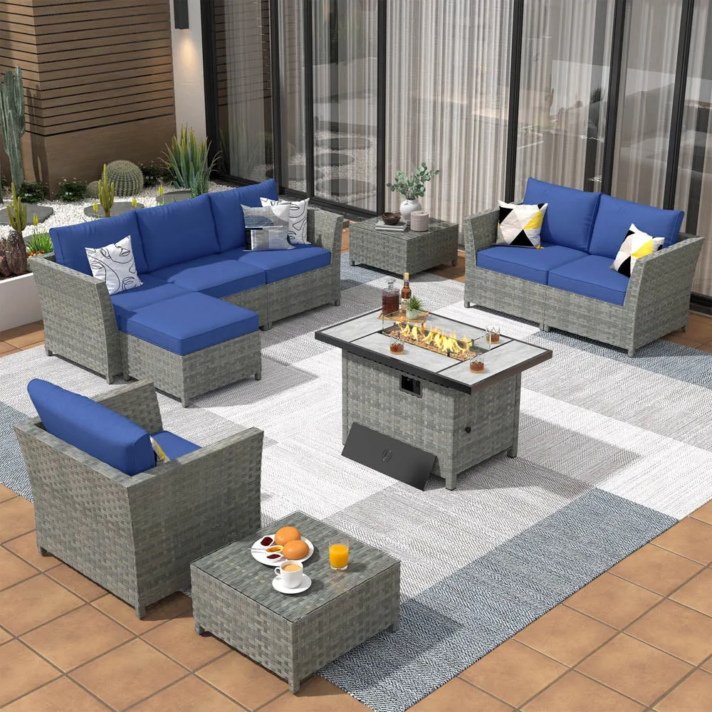 Ovios New Rimaru Series Patio Furniture Set 10-Piece include 42"Rectangle Fire Pit Table Partially Assembled