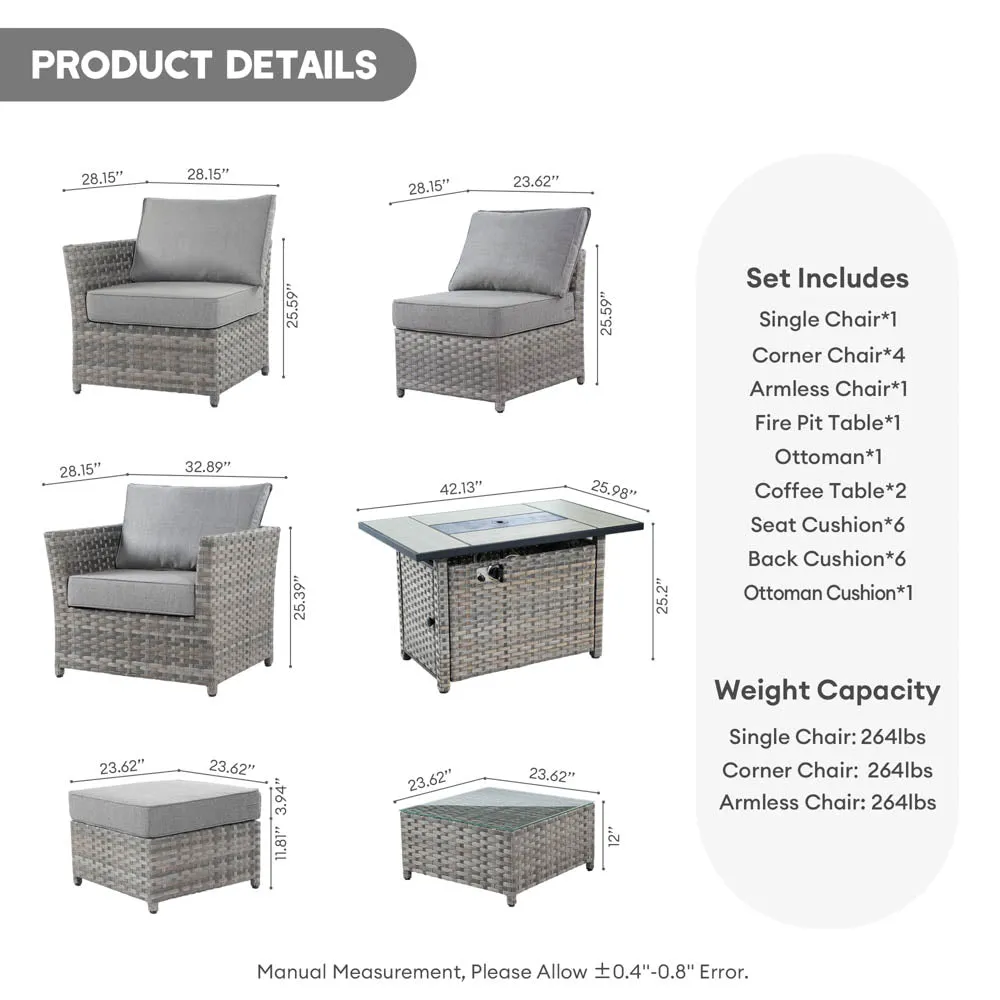 Ovios New Rimaru Series Patio Furniture Set 10-Piece include 42"Rectangle Fire Pit Table Partially Assembled