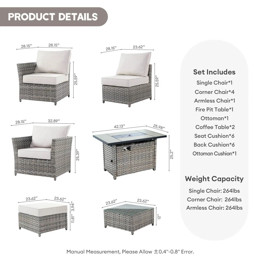 Ovios New Rimaru Series Patio Furniture Set 10-Piece include 42"Rectangle Fire Pit Table Partially Assembled