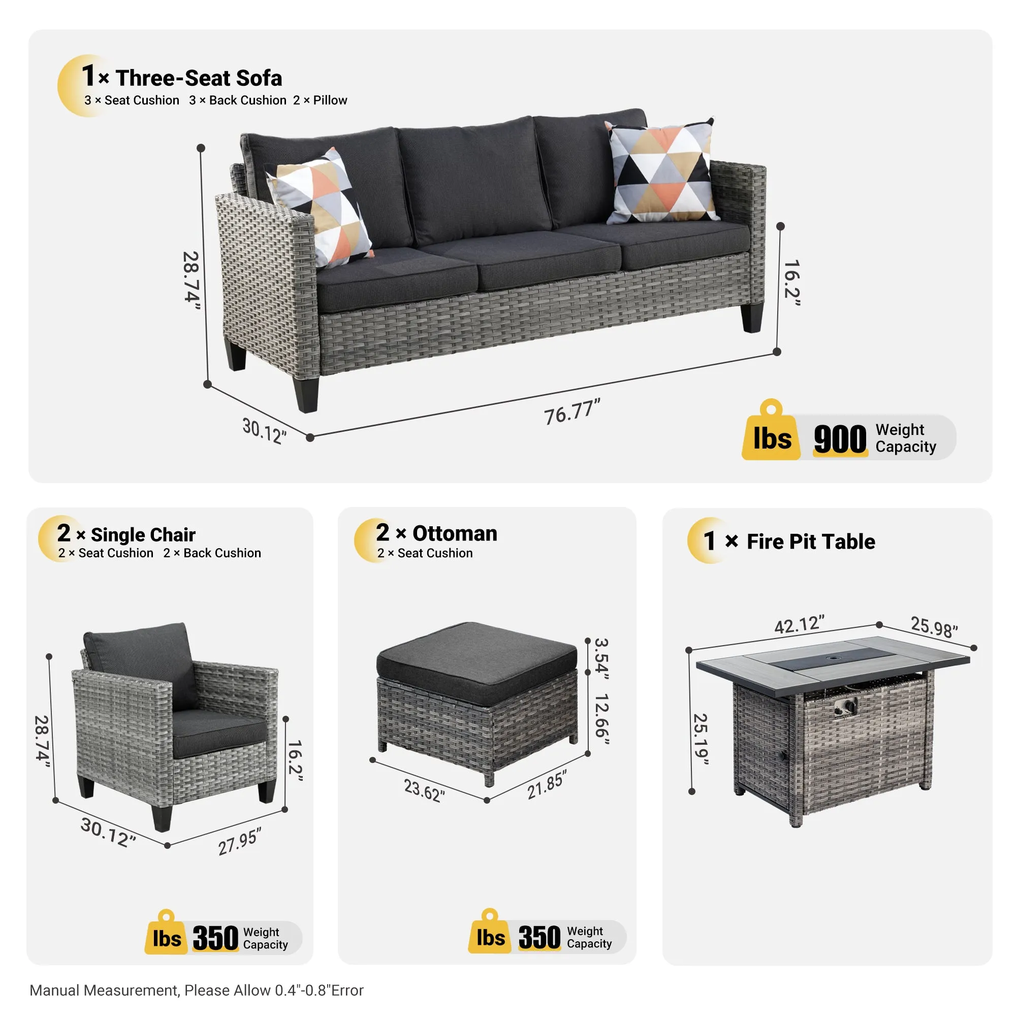 Ovios Patio Conversation Set 6-Piece with Rectangle 42'' Fire Pit Table and Vultros Set