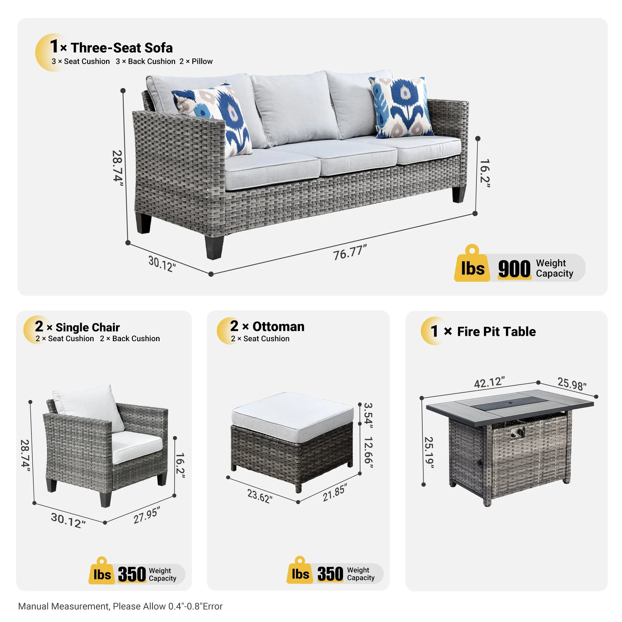 Ovios Patio Conversation Set 6-Piece with Rectangle 42'' Fire Pit Table and Vultros Set