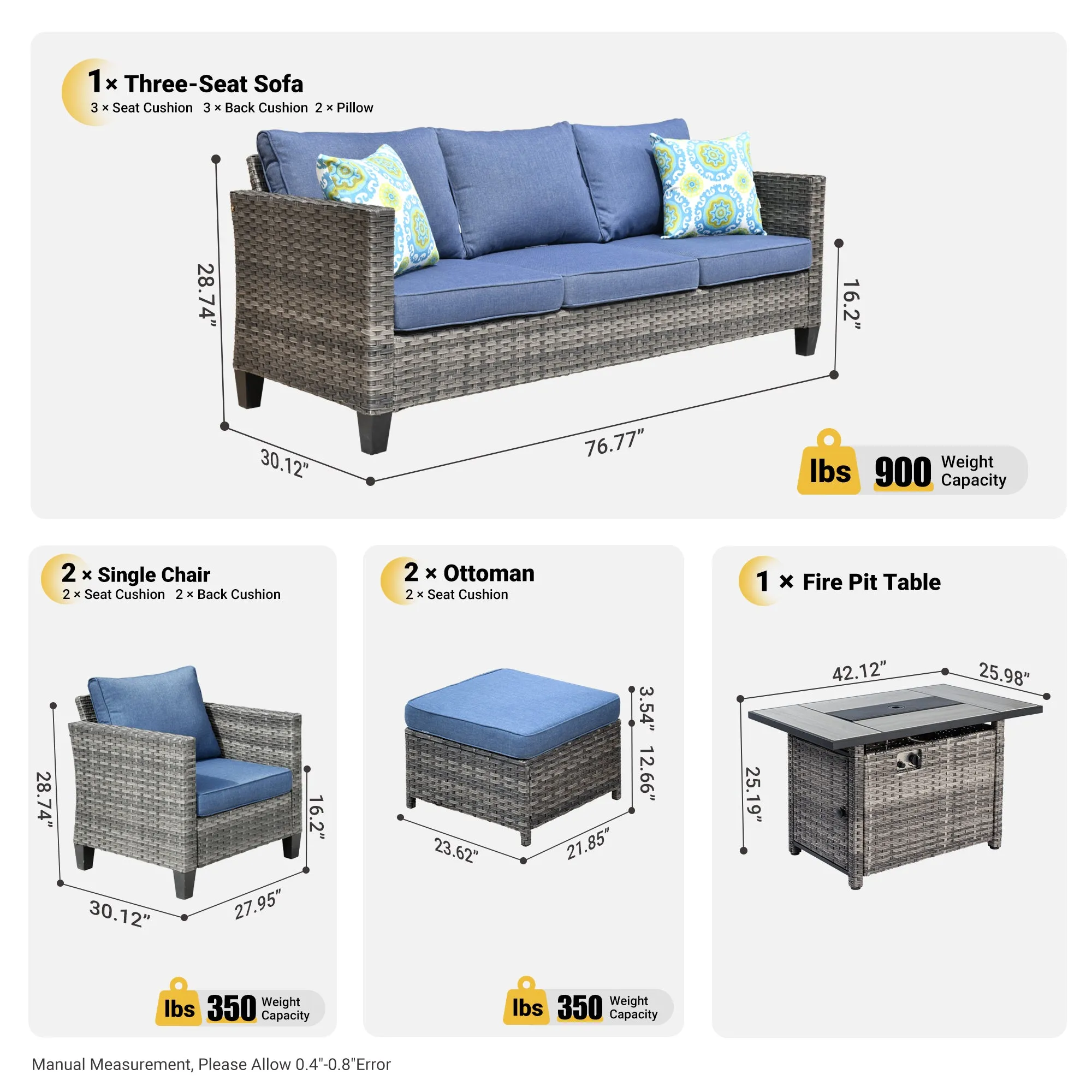 Ovios Patio Conversation Set 6-Piece with Rectangle 42'' Fire Pit Table and Vultros Set