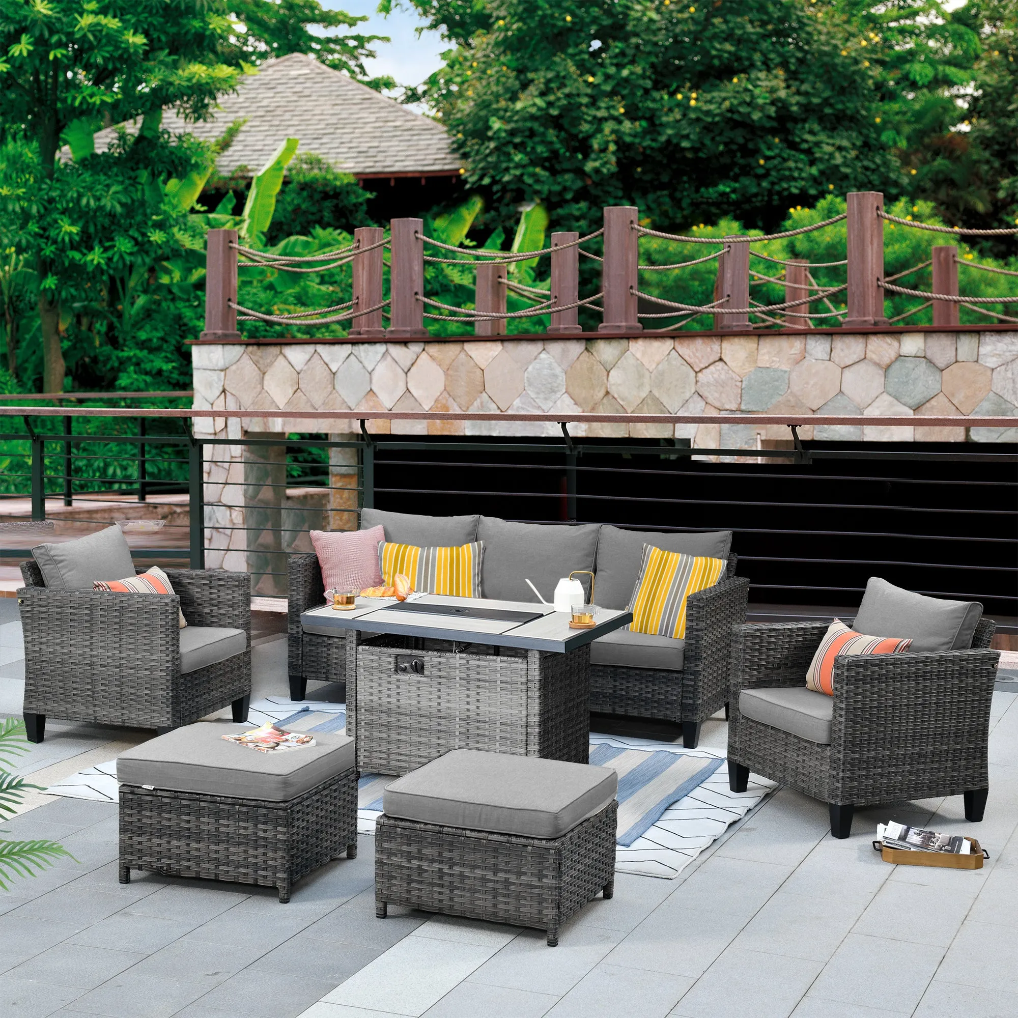 Ovios Patio Conversation Set 6-Piece with Rectangle 42'' Fire Pit Table and Vultros Set