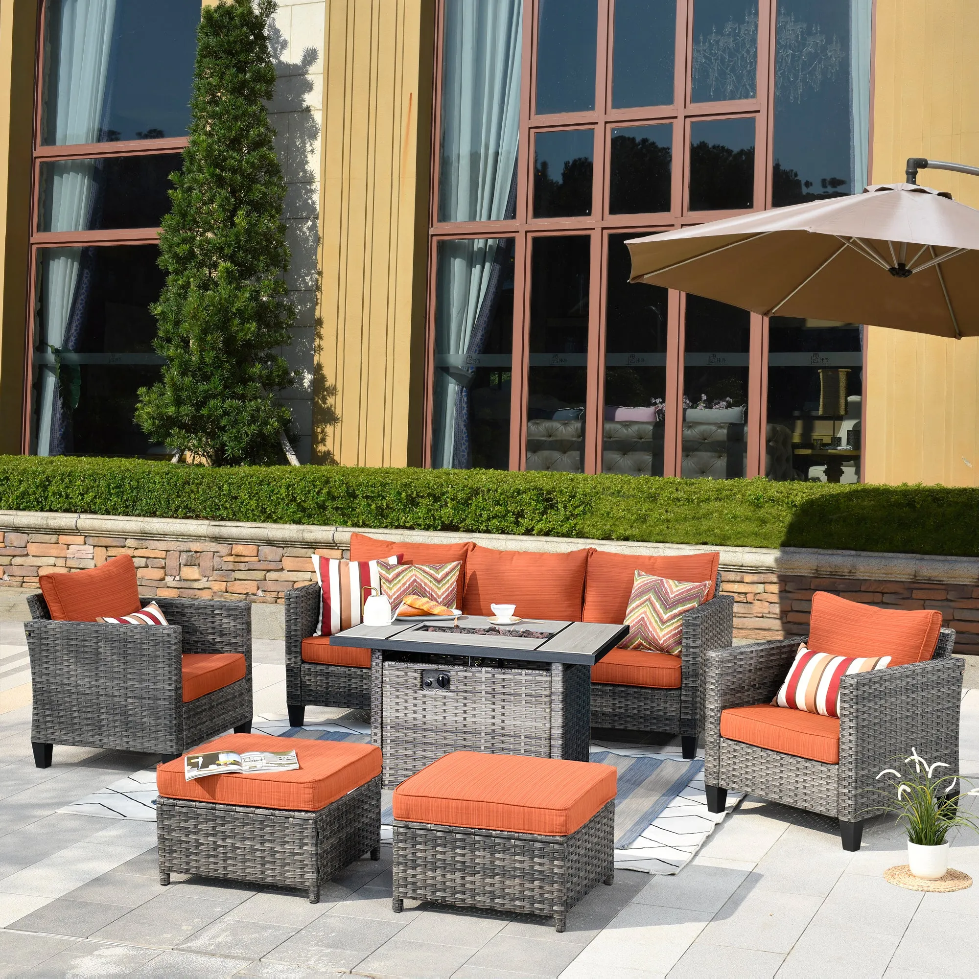 Ovios Patio Conversation Set 6-Piece with Rectangle 42'' Fire Pit Table and Vultros Set