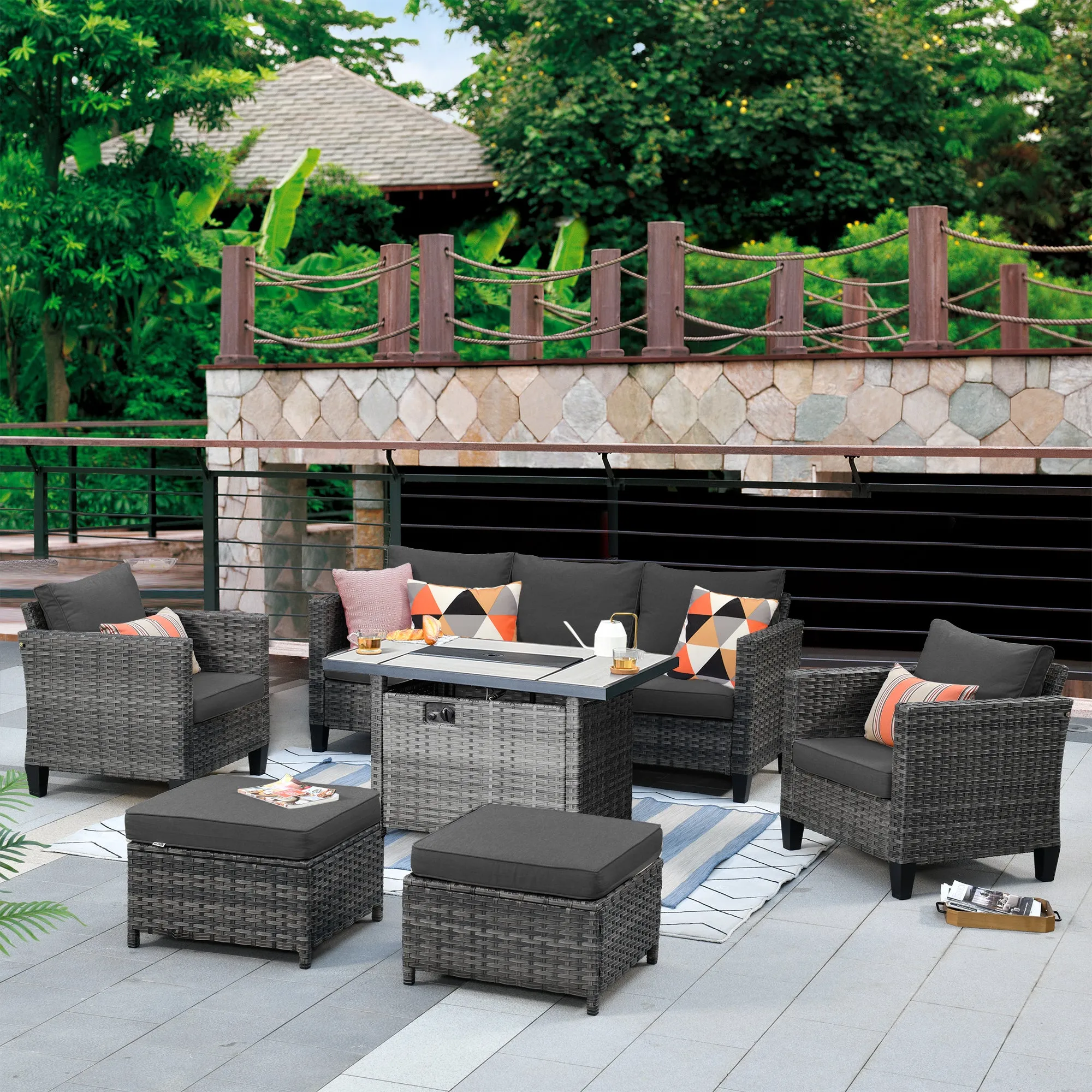 Ovios Patio Conversation Set 6-Piece with Rectangle 42'' Fire Pit Table and Vultros Set