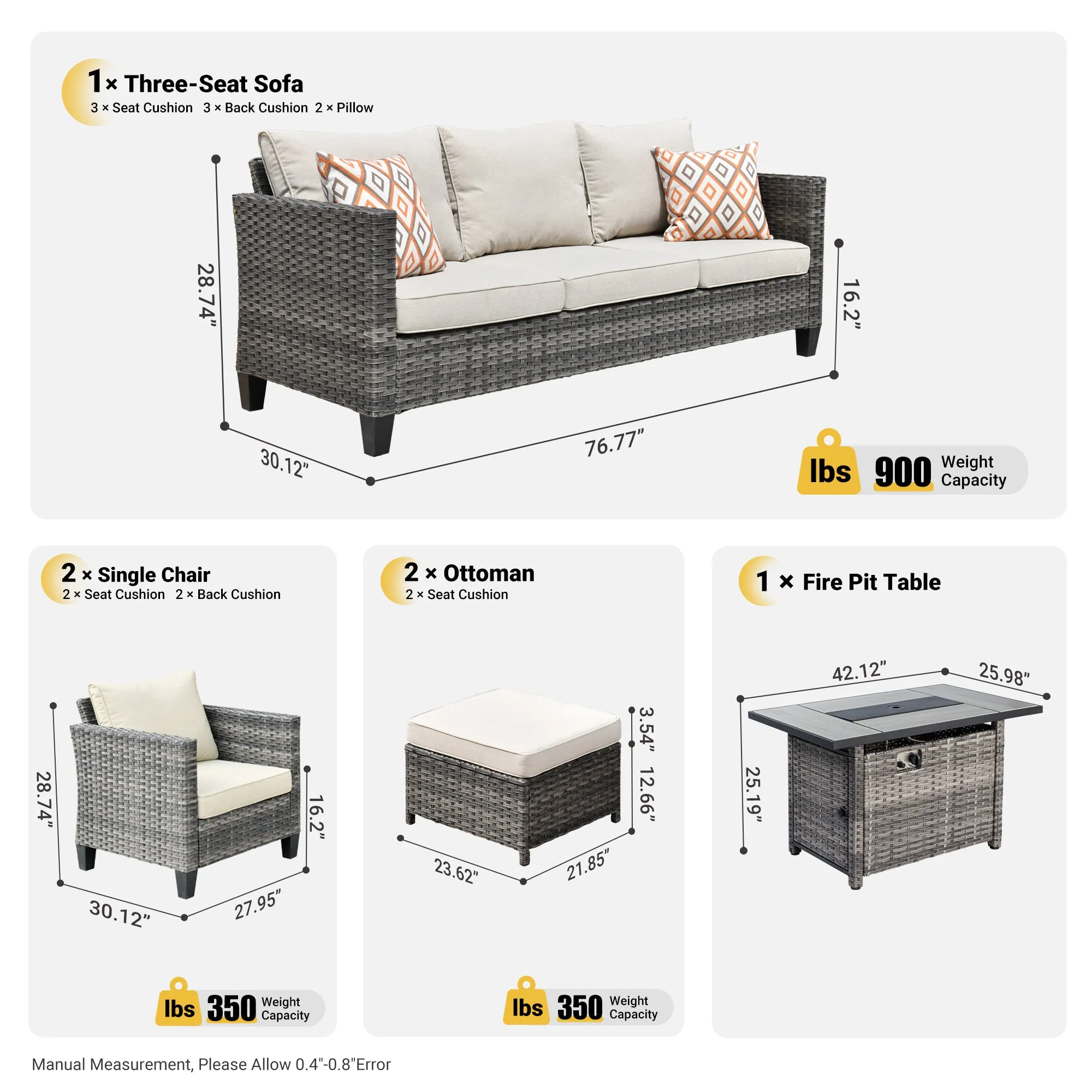 Ovios Patio Conversation Set 6-Piece with Rectangle 42'' Fire Pit Table and Vultros Set