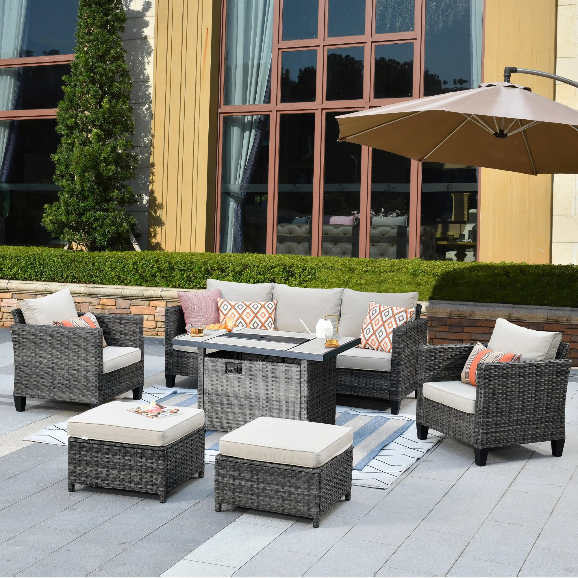 Ovios Patio Conversation Set 6-Piece with Rectangle 42'' Fire Pit Table and Vultros Set