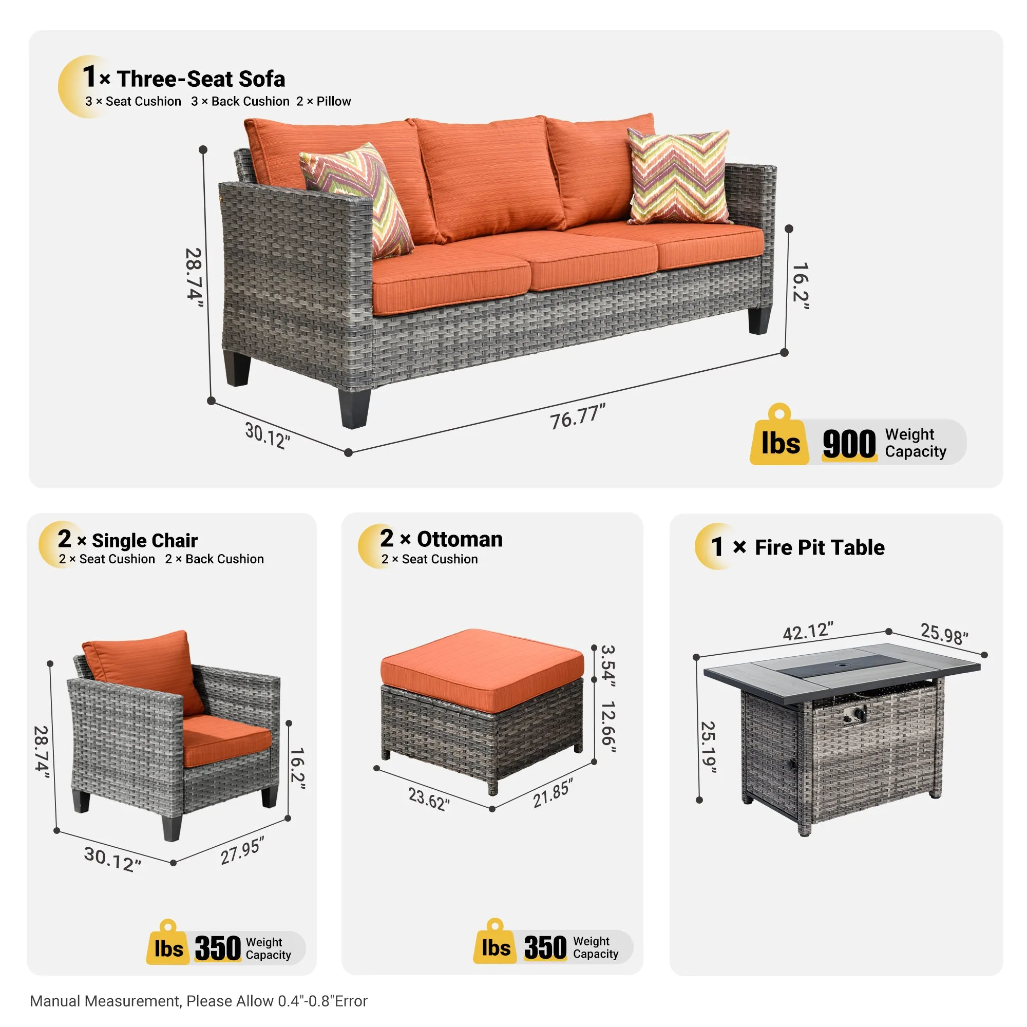 Ovios Patio Conversation Set 6-Piece with Rectangle 42'' Fire Pit Table and Vultros Set