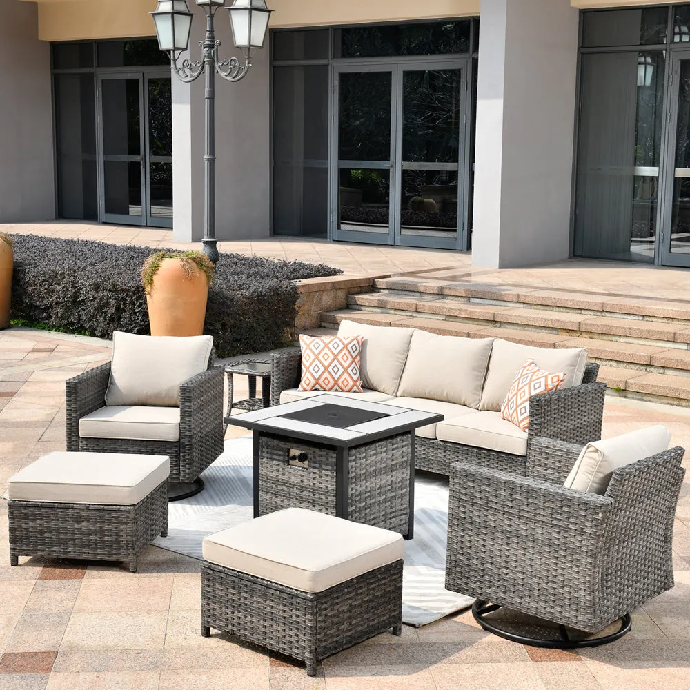 Ovios Patio Vultros 7-Piece Set with 2 Rocking chairs and 30'' Propane Fire Pit Table