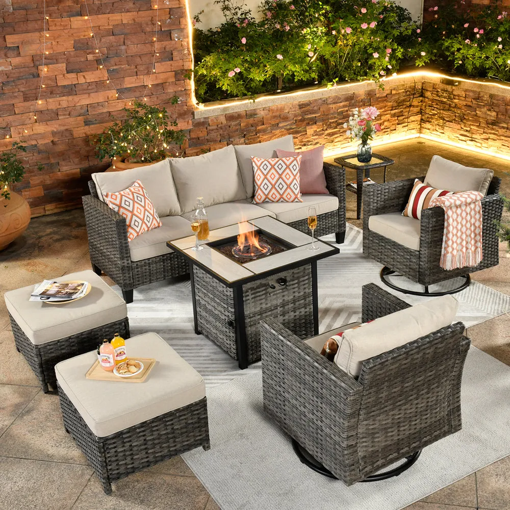 Ovios Patio Vultros 7-Piece Set with 2 Rocking chairs and 30'' Propane Fire Pit Table