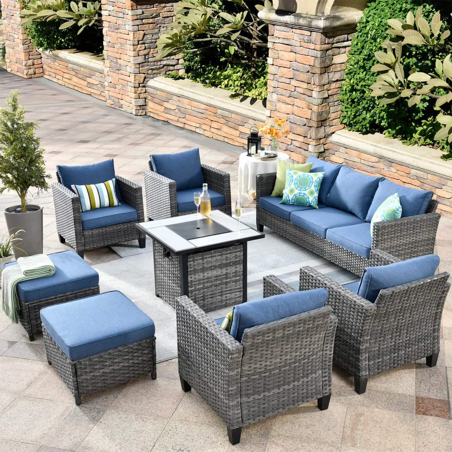 Ovios Patio Vultros 8-Piece Conversation Set with 30'' Propane Fire Pit Table