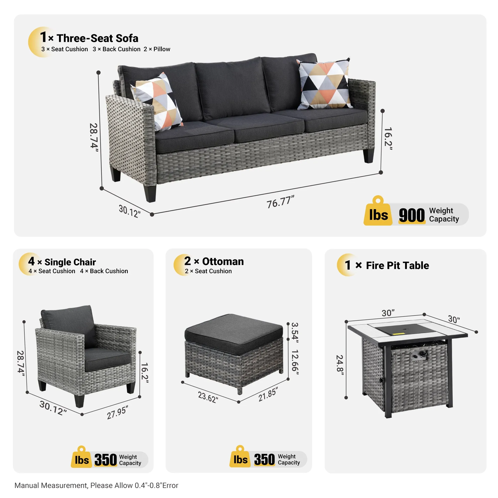 Ovios Patio Vultros 8-Piece Conversation Set with 30'' Propane Fire Pit Table