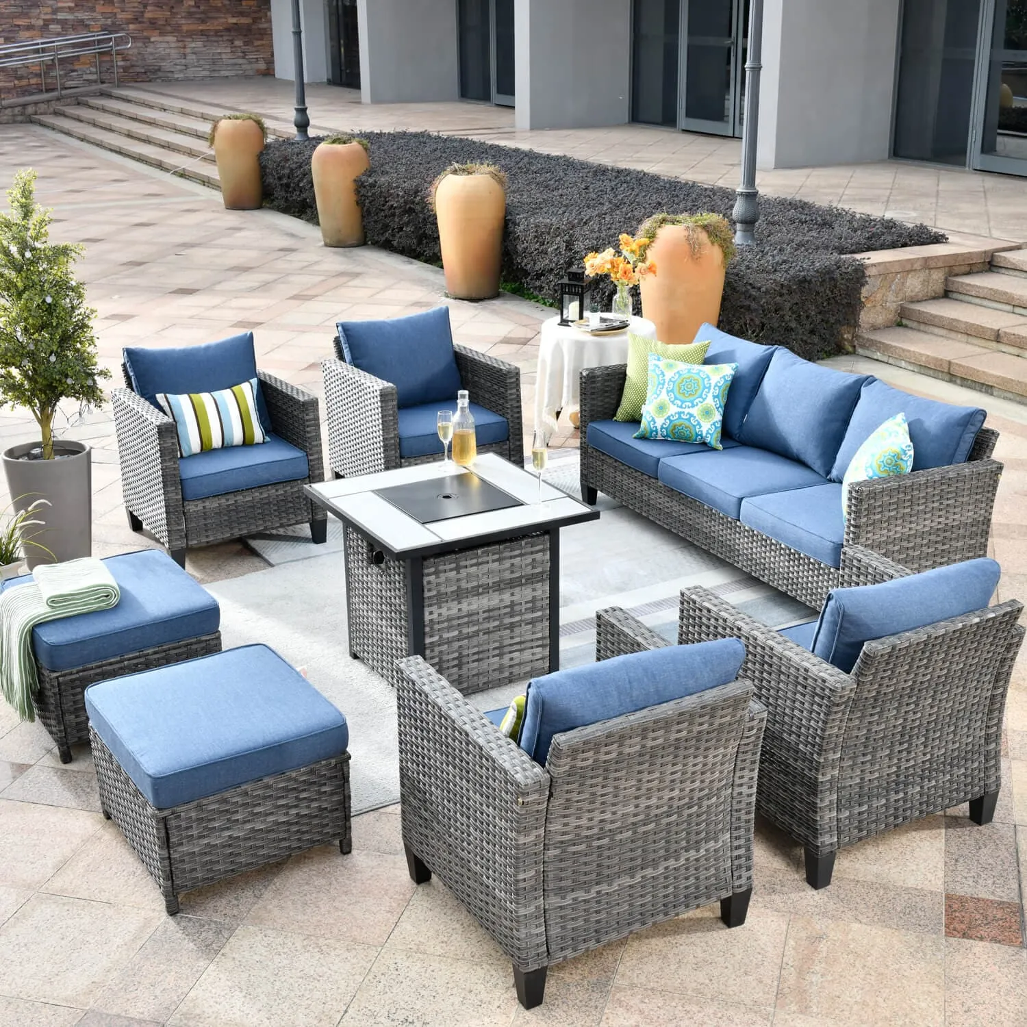 Ovios Patio Vultros 8-Piece Conversation Set with 30'' Propane Fire Pit Table