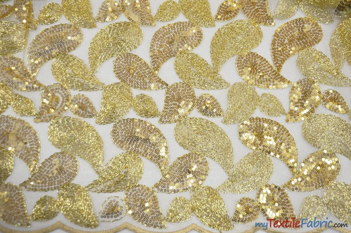 Paisley Sequins With Cording | Gold Paisley Cord Fabric | 52" Wide | Double Scallop Lace |