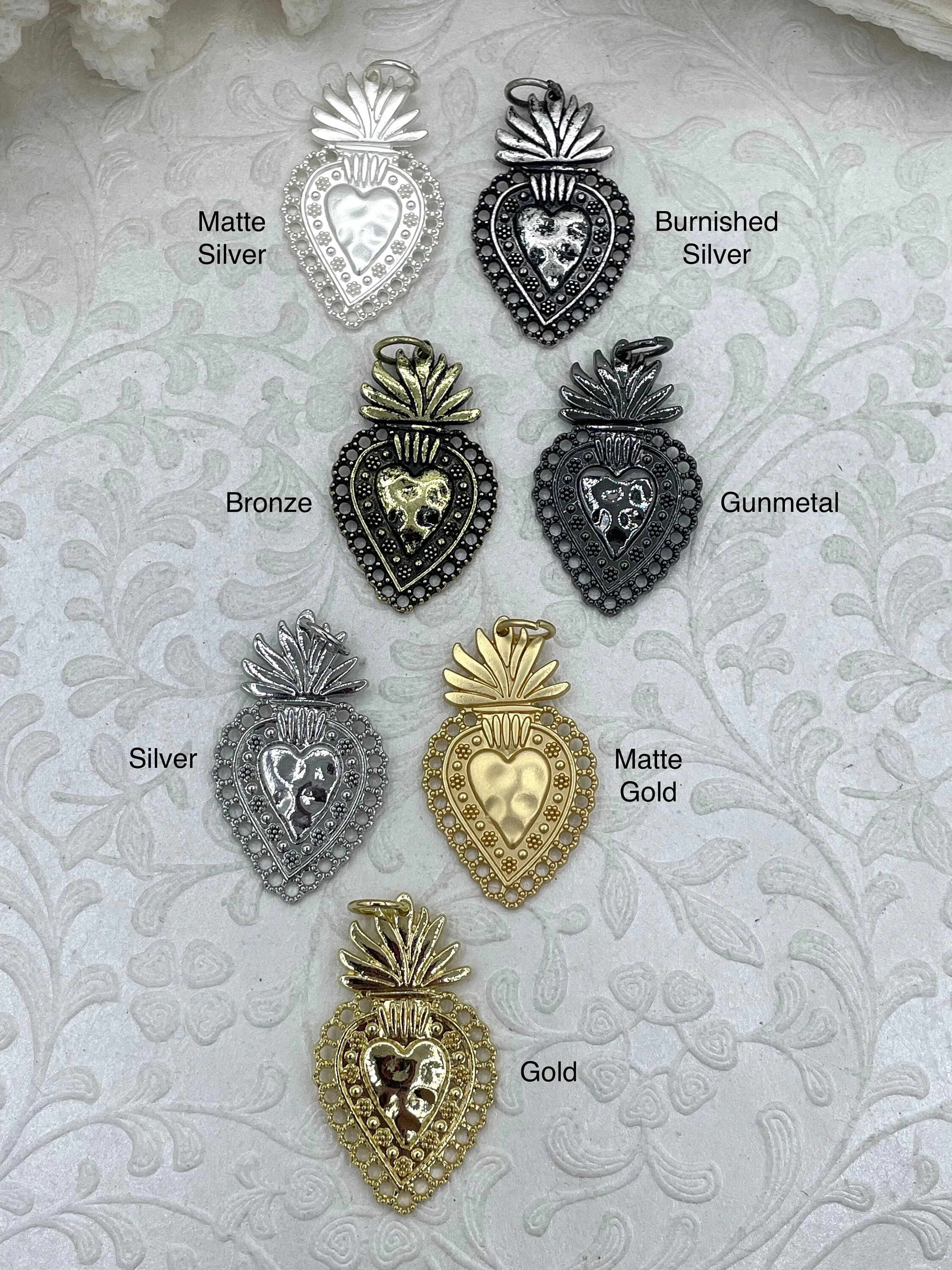 Sacred Heart Pendant, Sacred Heart Charm, Love Charm, Religious Charm 7 finishes, 40mm x 24mm, 2mm thick, Plated Zinc Alloy Heart, Fast Ship