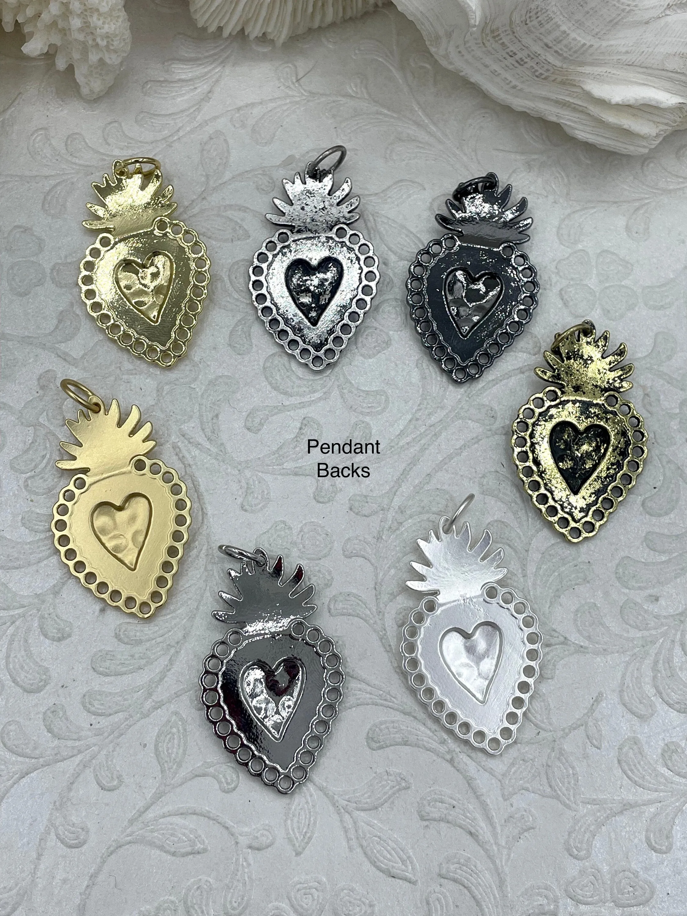 Sacred Heart Pendant, Sacred Heart Charm, Love Charm, Religious Charm 7 finishes, 40mm x 24mm, 2mm thick, Plated Zinc Alloy Heart, Fast Ship